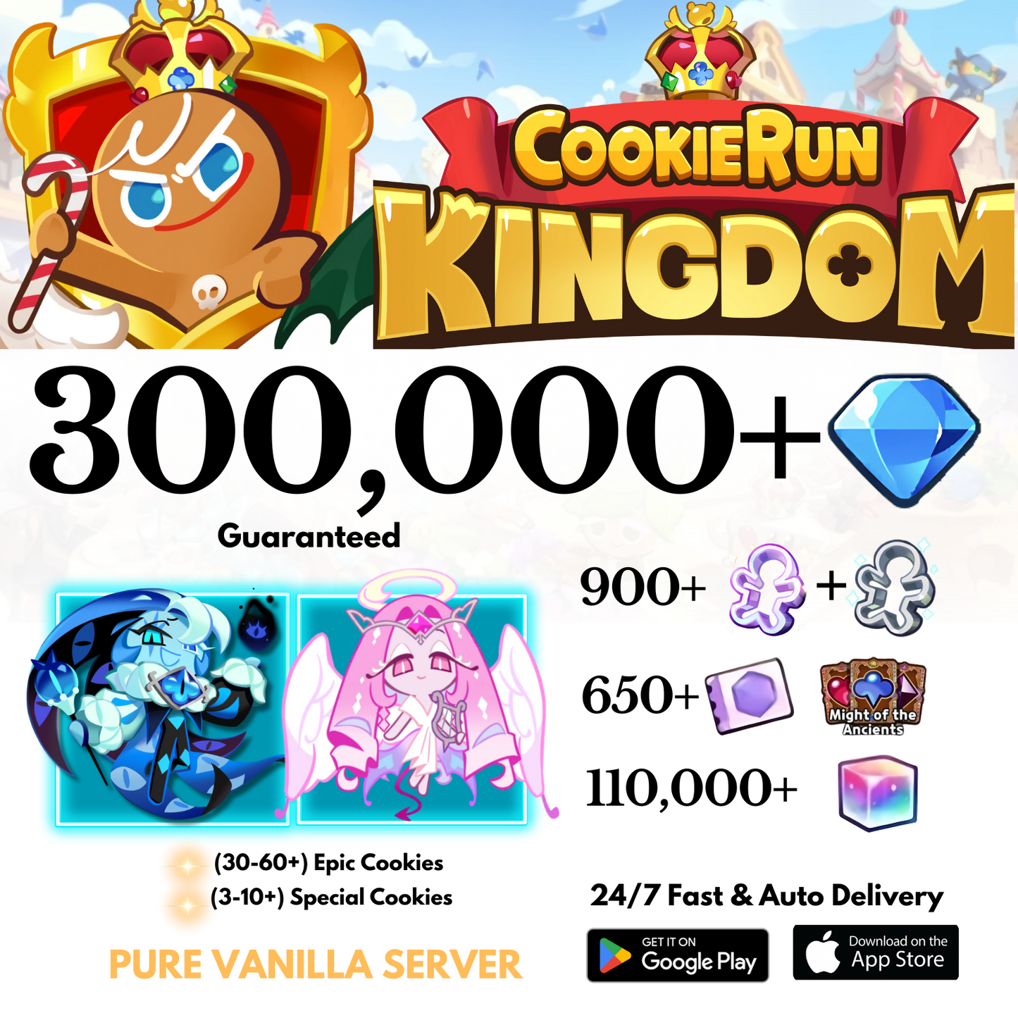 [GLOBAL/Pure Vanilla] 300,000+Gems+Shadow Milk+Eternal Sugar Cookie Run: Kingdom Starter Account