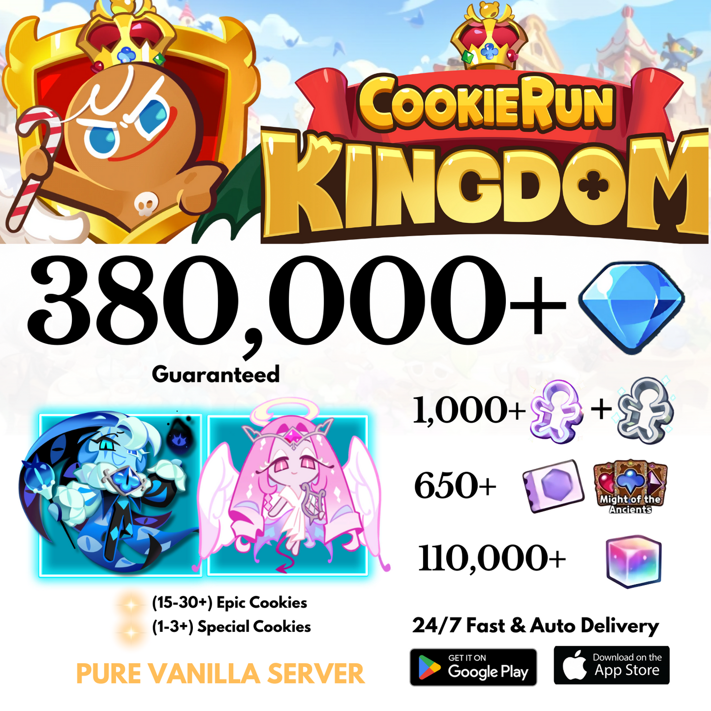 [GLOBAL/Pure Vanilla] 380,000+Gems+Shadow Milk+Eternal Sugar Cookie Run: Kingdom Starter Account