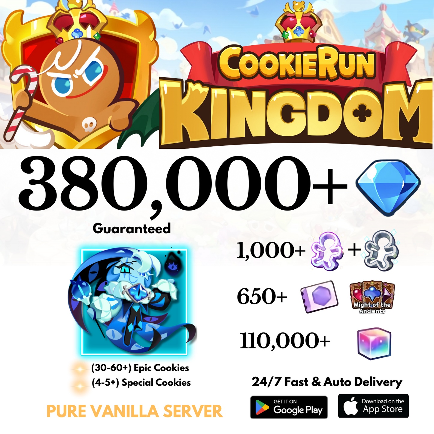 [GLOBAL/Pure Vanilla] 380,000+Gems+Shadow Milk Cookie Run: Kingdom Starter Account