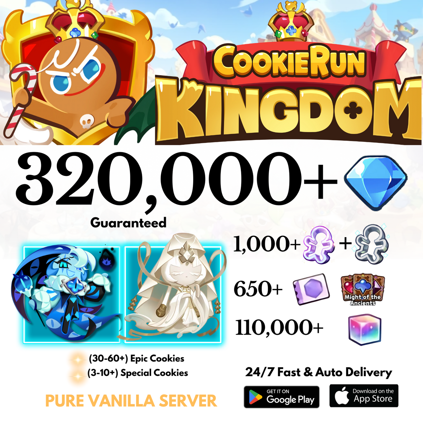 [GLOBAL/Pure Vanilla] 320,000+Gems+Shadow Milk+Mystic Flour Cookie Run: Kingdom Starter Account