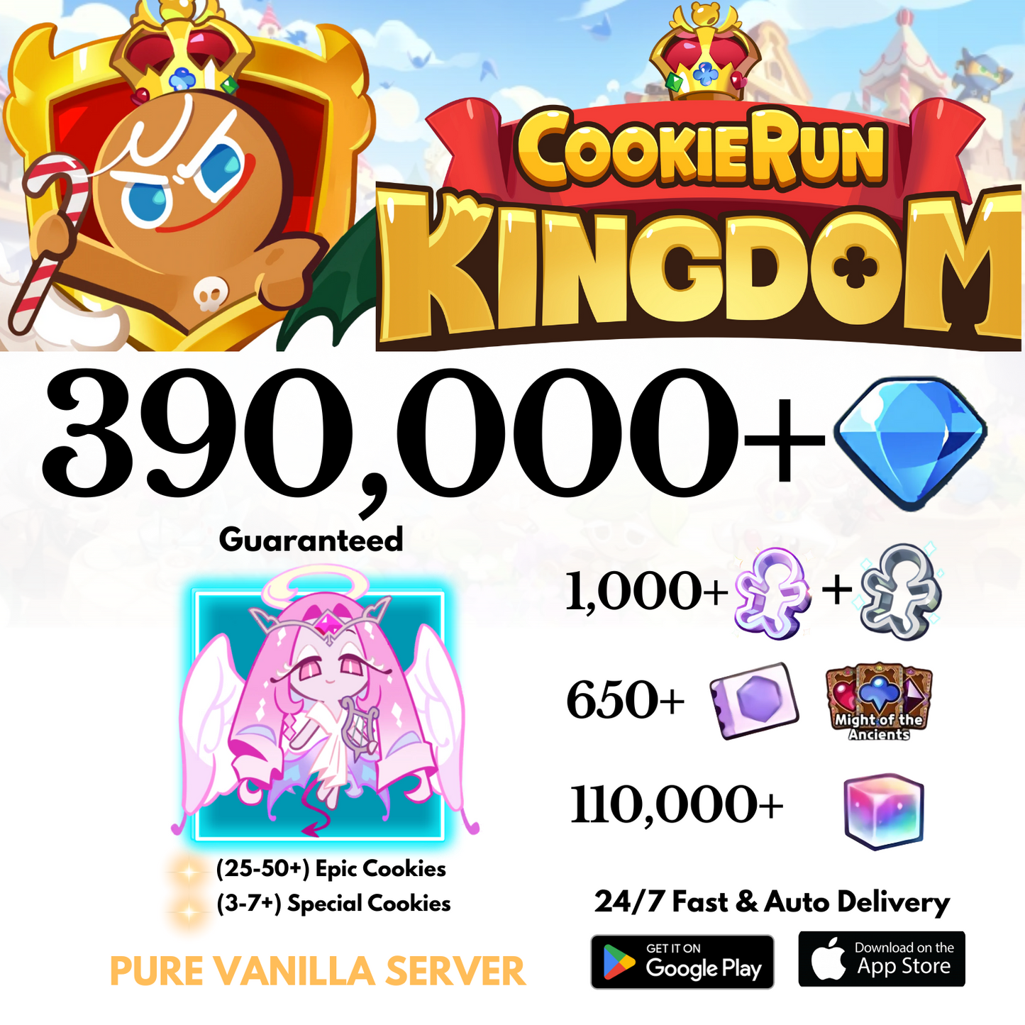 [GLOBAL/Pure Vanilla] 390,000+Gems+Eternal Sugar Cookie Run: Kingdom Starter Account