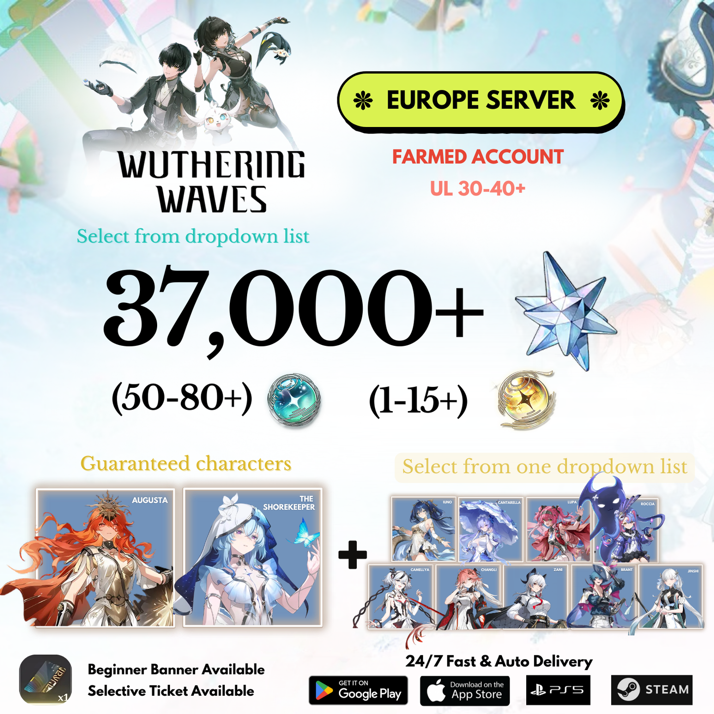 [EUROPE/EU] 37,000+ Astrite +Augusta+Shorekeeper+Selected character Wuthering Waves Farmed Reroll Account