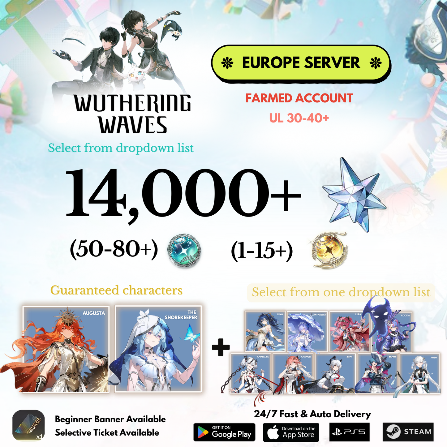 [EUROPE/EU] 14,000+ Astrite +Augusta+Shorekeeper+Selected character Wuthering Waves Farmed Reroll Account