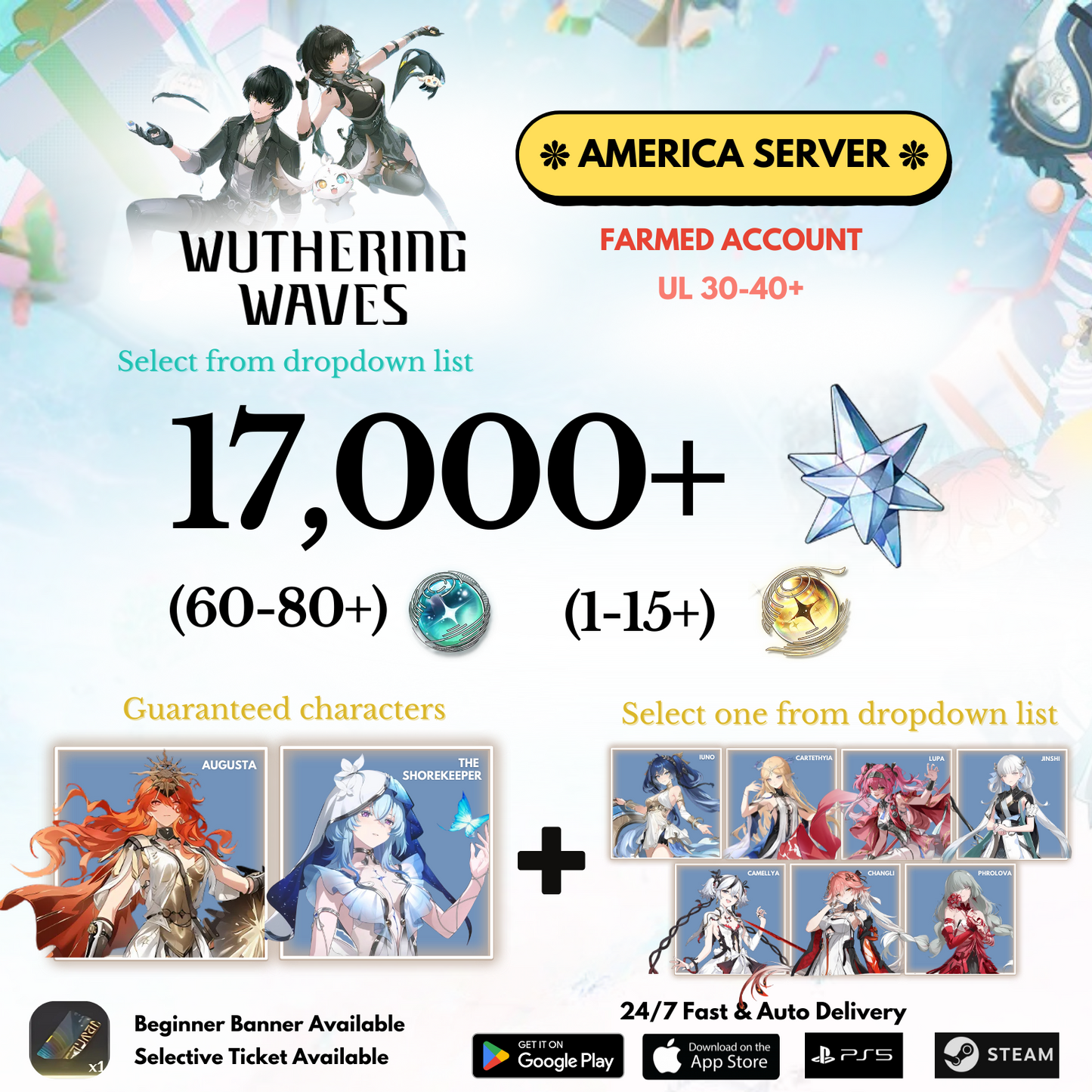 [AMERICA/NA] 17,000+ Astrite +Augusta+Shorekeeper+Selected character Wuthering Waves Farmed Reroll Account
