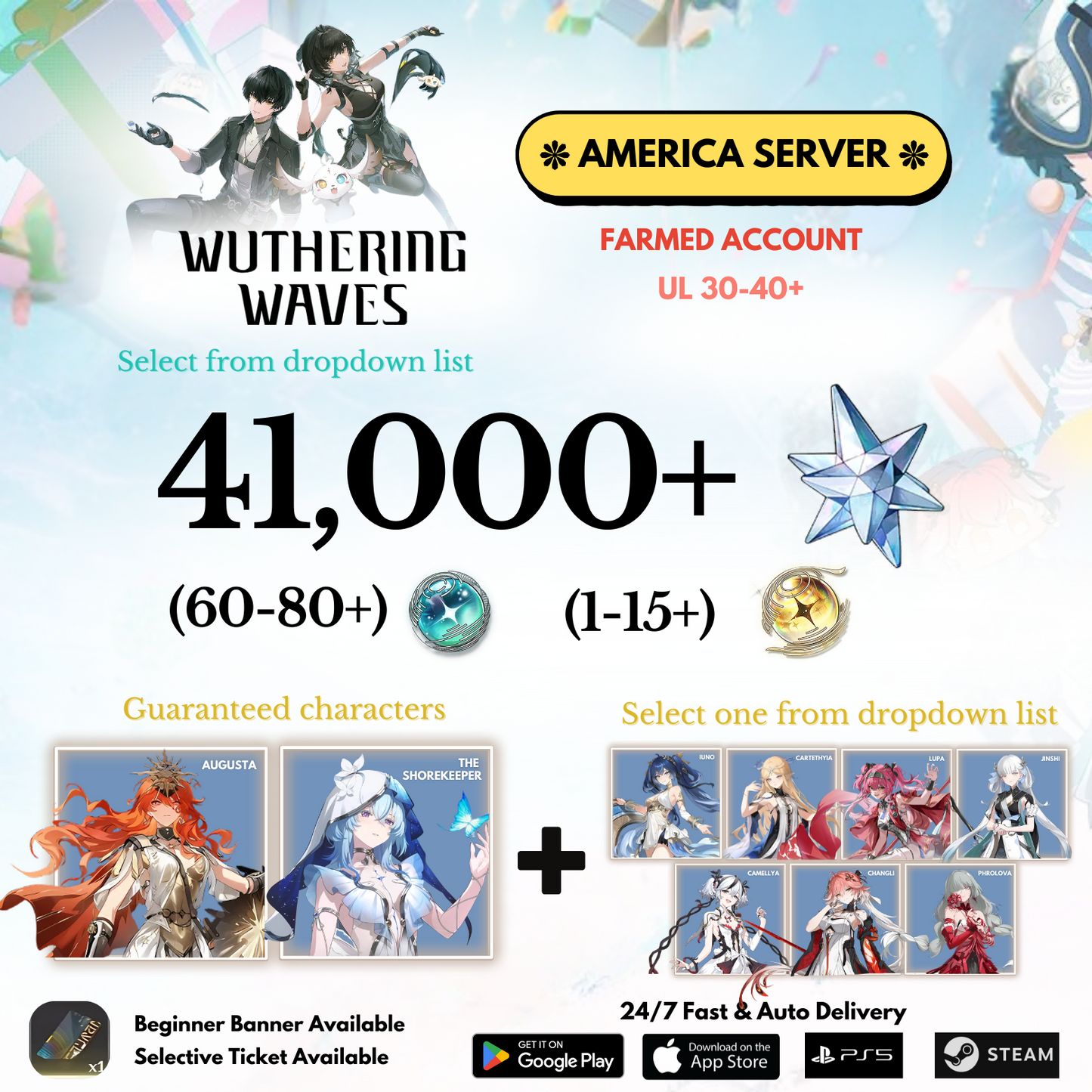 [AMERICA/NA] 41,000+ Astrite +Augusta+Shorekeeper+Selected character Wuthering Waves Farmed Reroll Account