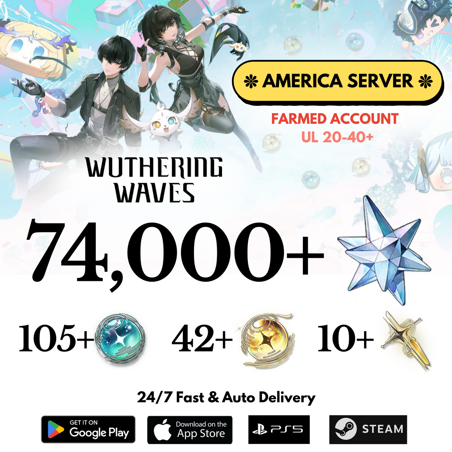 [AMERICA/NA] 74,000+ Astrite Wuthering Waves Farmed Reroll Account