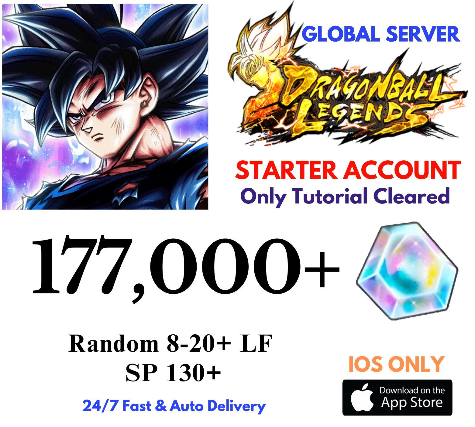 [GLOBAL/iOS] 177,000+Gems Dragon Ball Legends Lv.1 Starter Reroll Account