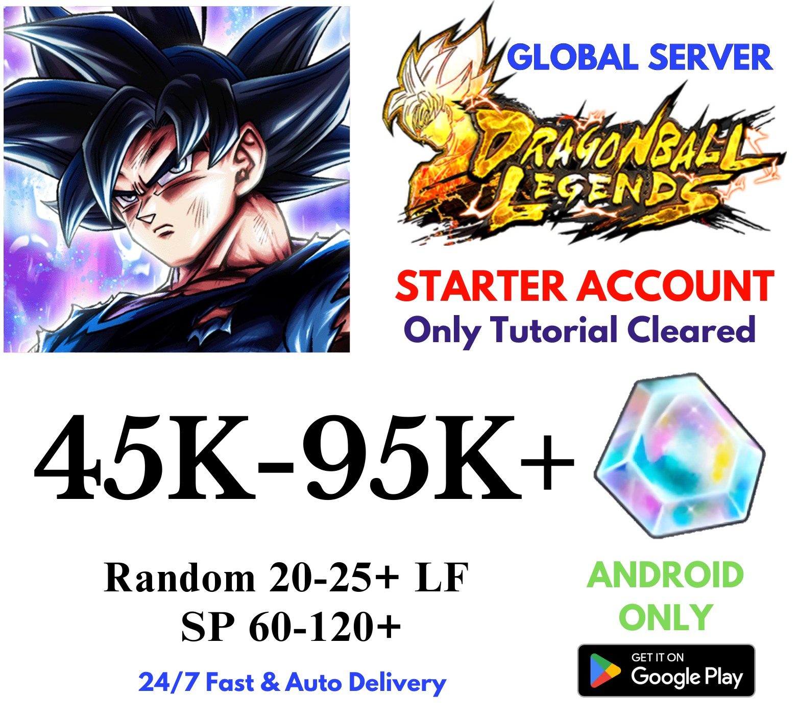 [GLOBAL/Android] 45,000-95,000+Gems Dragon Ball Legends Lv.1 Starter Reroll Account