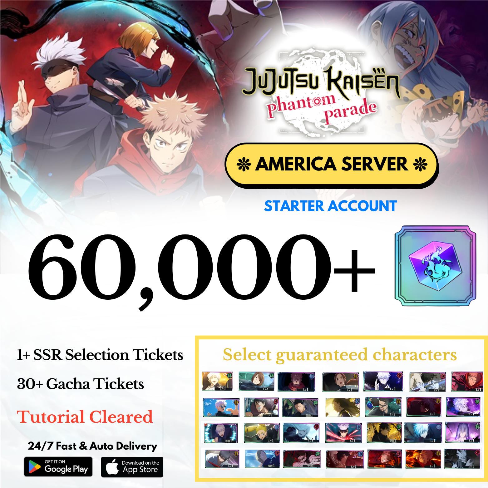 [AMERICA/NA] 30,000-60,000+ Gems +Selected Characters Jujutsu Kaisen: Phantom Parade Reroll Starter Account