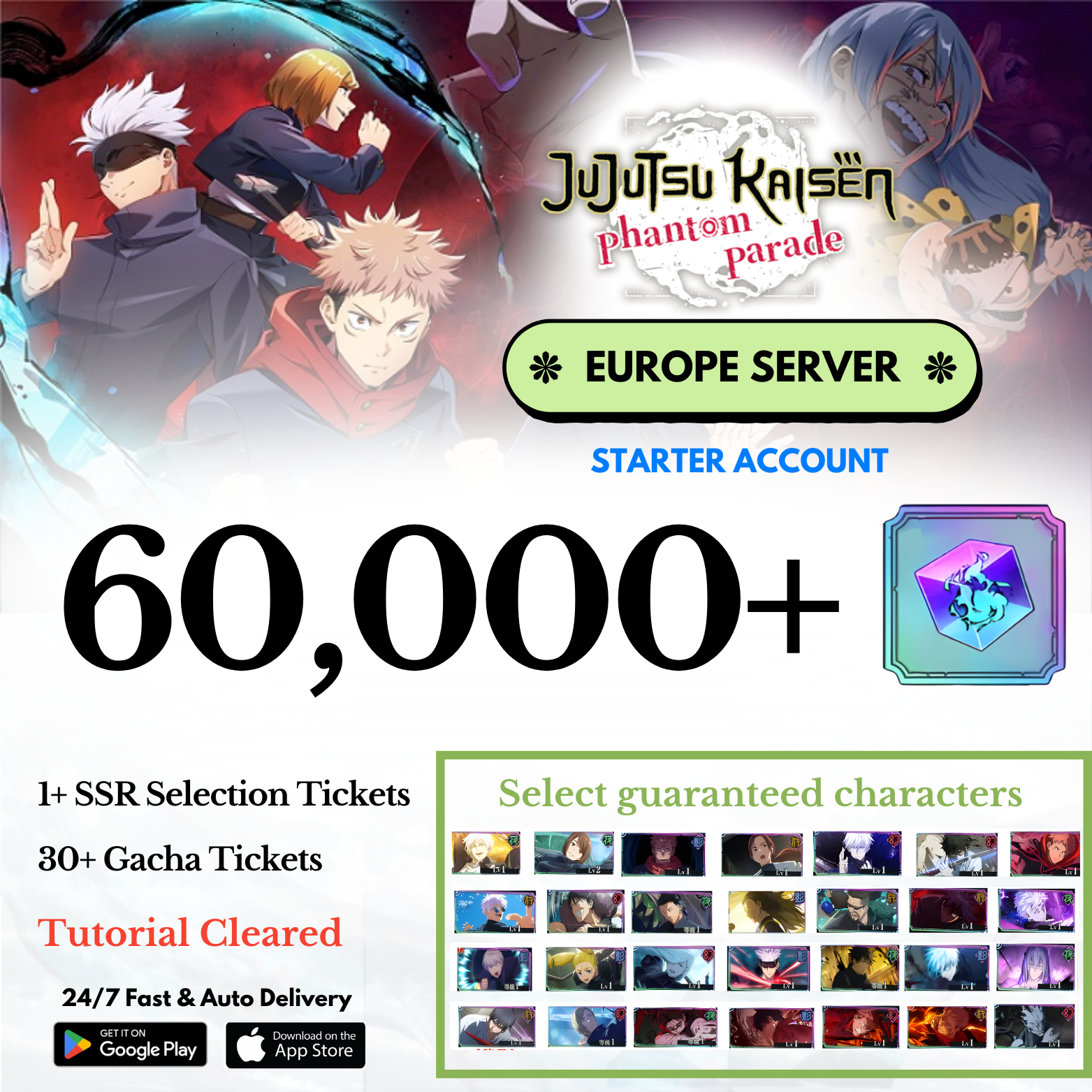[EUROPE/EU] 30,000-50,000+ Gems +Selected Characters Jujutsu Kaisen: Phantom Parade Reroll Starter Account