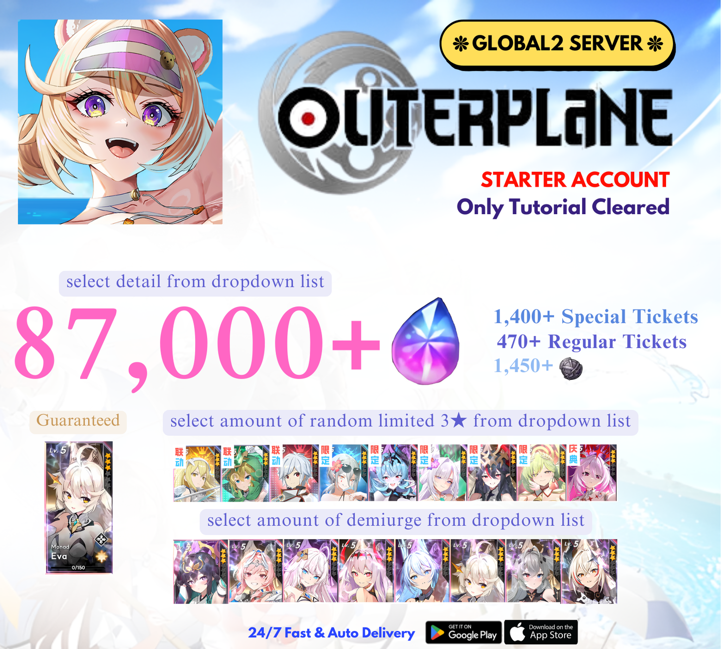 [GLOBAL2] 87,000+ Gems OUTERPLANE Starter Reroll Account