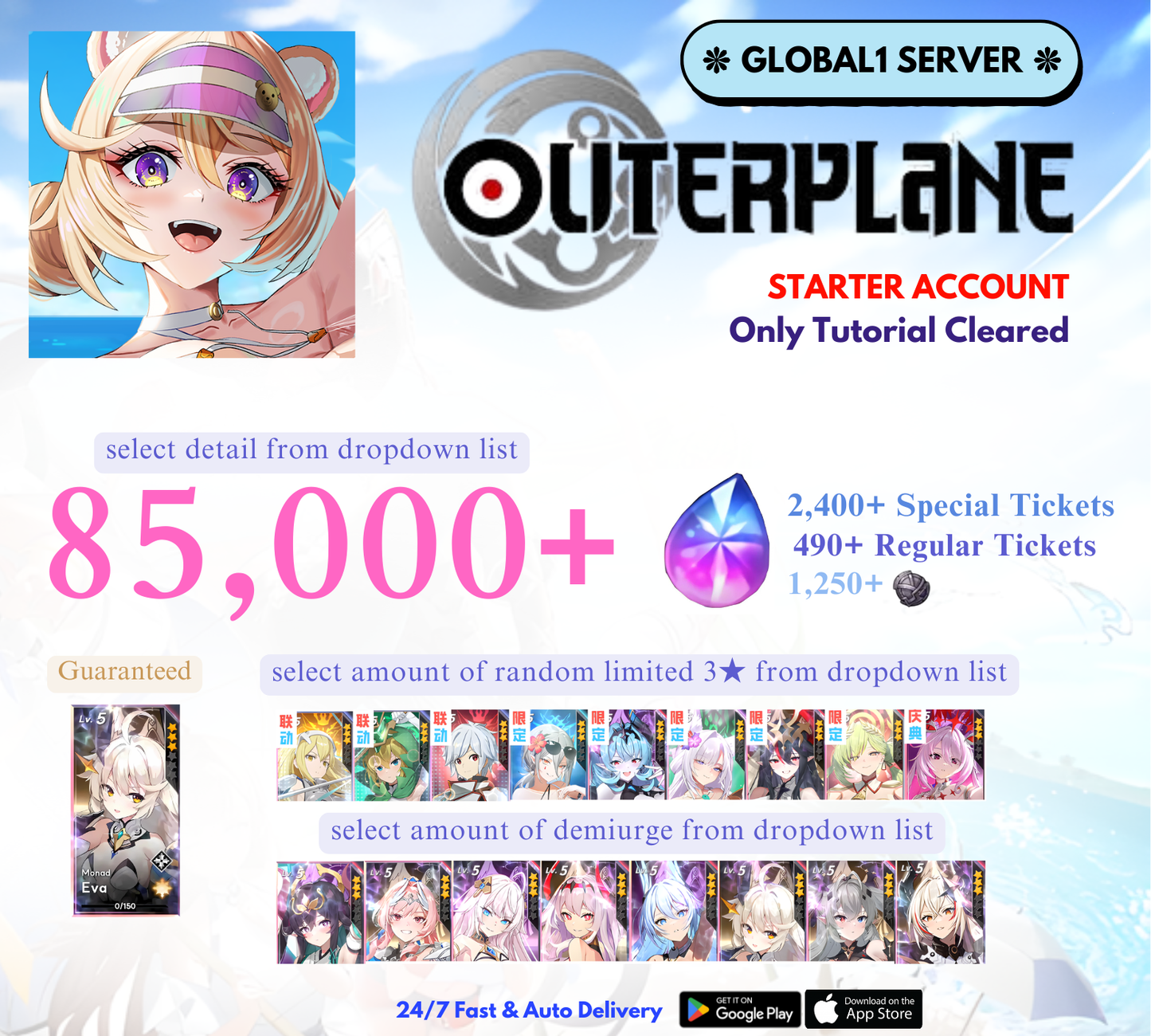 [GLOBAL1] 85,000+ Gems OUTERPLANE Starter Reroll Account