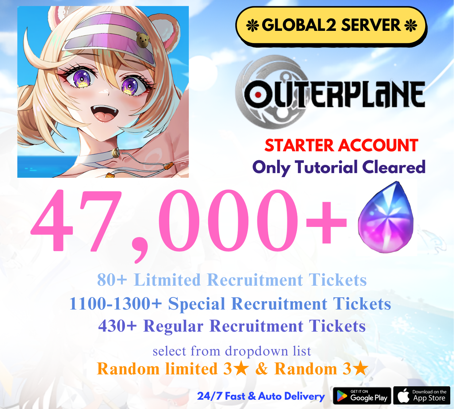 [GLOBAL2] 47,000+ Gems OUTERPLANE Starter Reroll Account