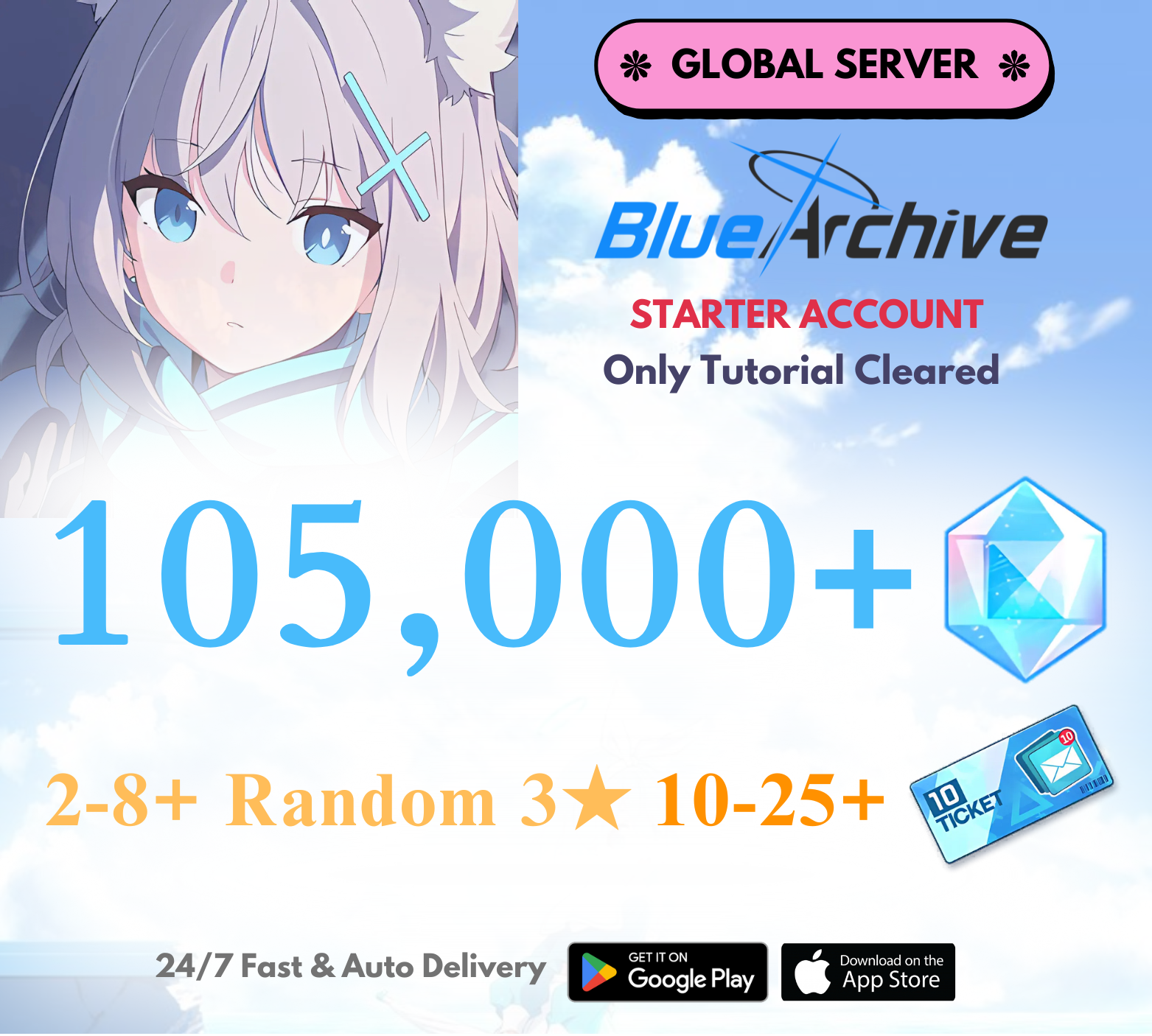 [GLOBAL] 30,000-105,000+ Gems, 2-8+ 3⭐ Characters  | Blue Archive Starter Reroll Account