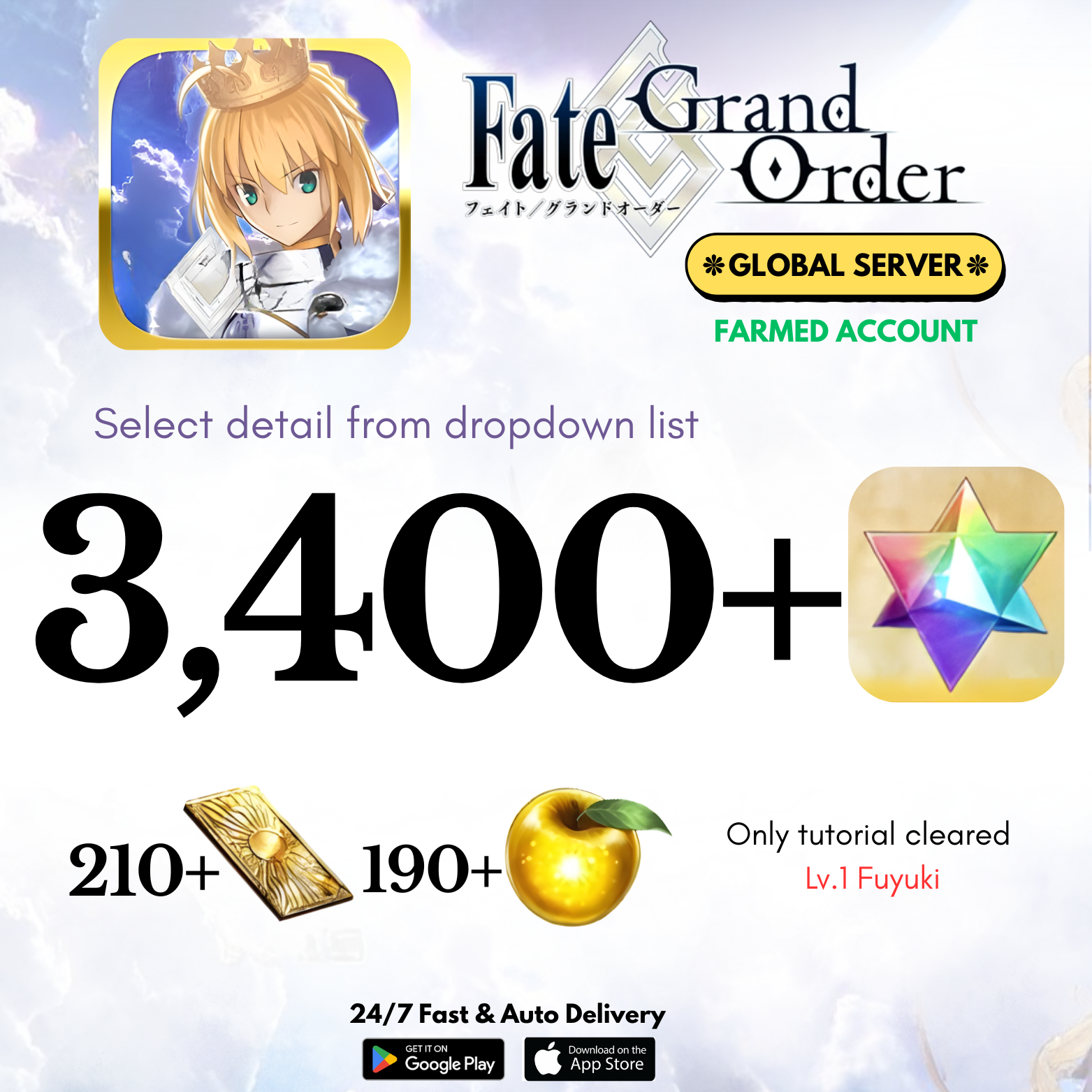 [GLOBAL/NA] 3,400+ Gems Fate Grand Order Farmed Reroll Account