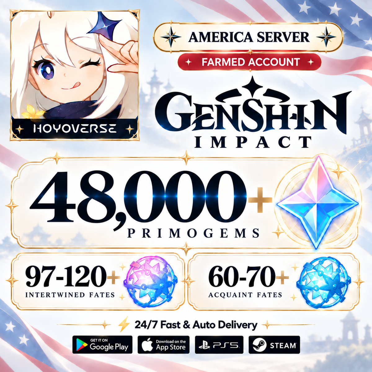 [America/NA] 48,000+Gems Genshin Impact Reroll Farmed Account