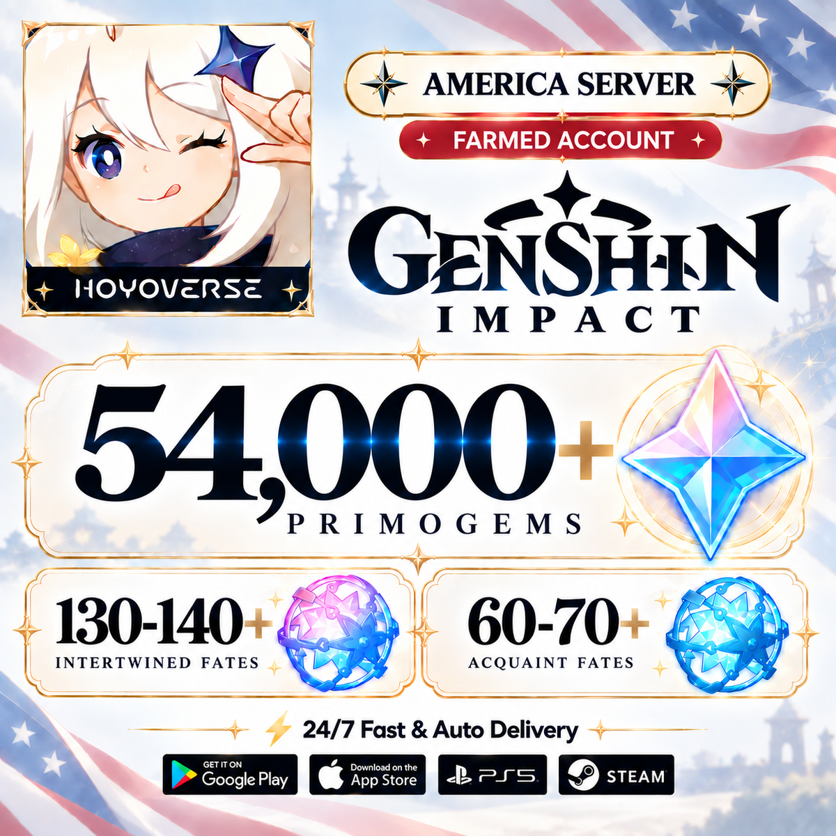 [America/NA] 54,000+Gems Genshin Impact Reroll Farmed Account