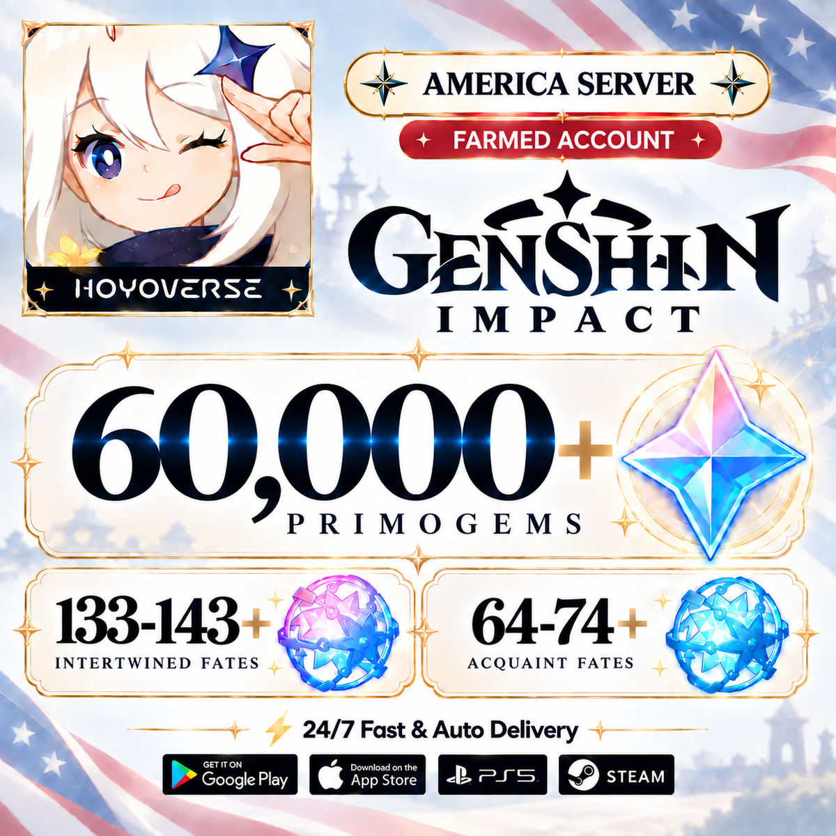 [America/NA] 60,000+Gems Genshin Impact Reroll Farmed Account