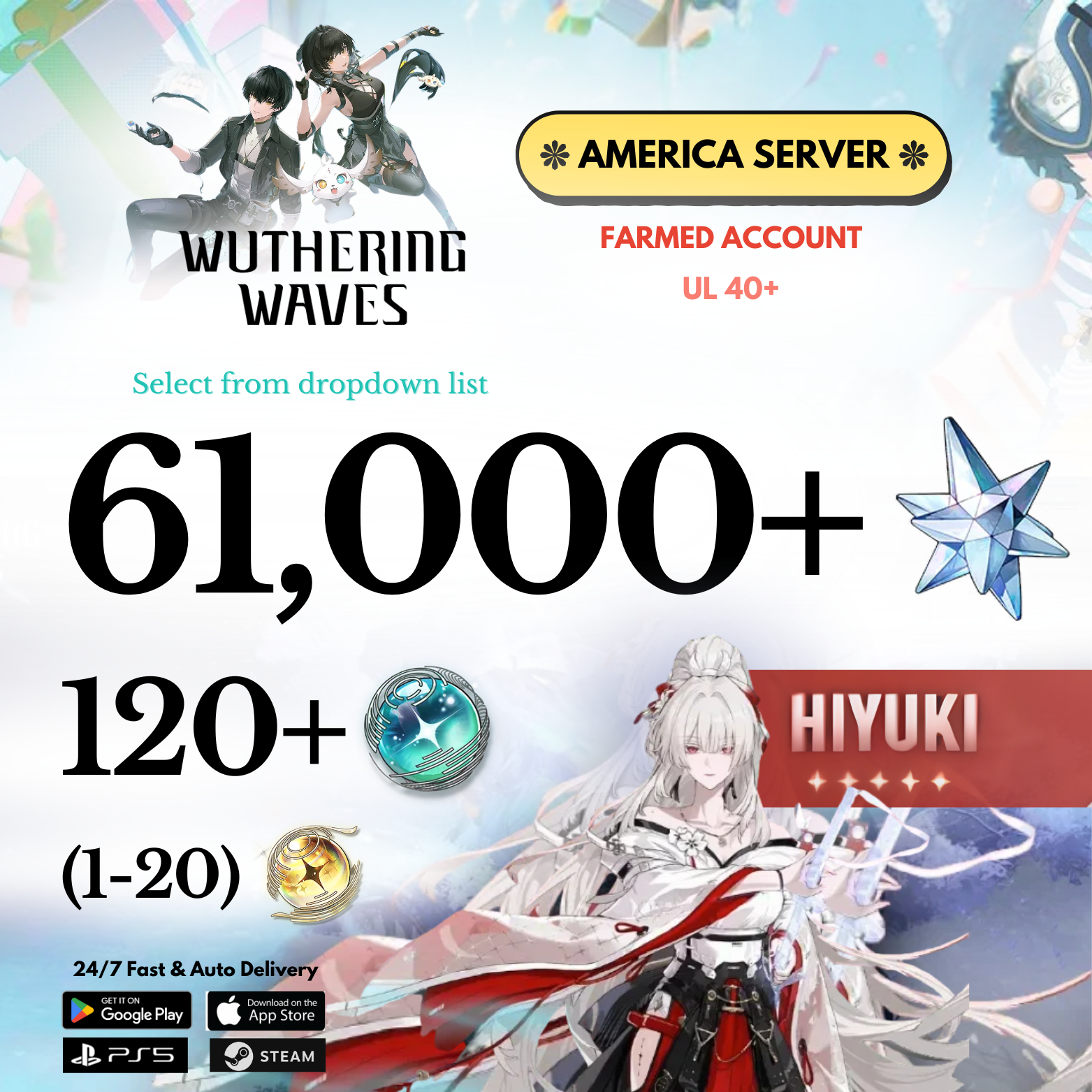 [AMERICA/NA]  45,000-61,000+ Astrite +Hiyuki Wuthering Waves Farmed Reroll Account