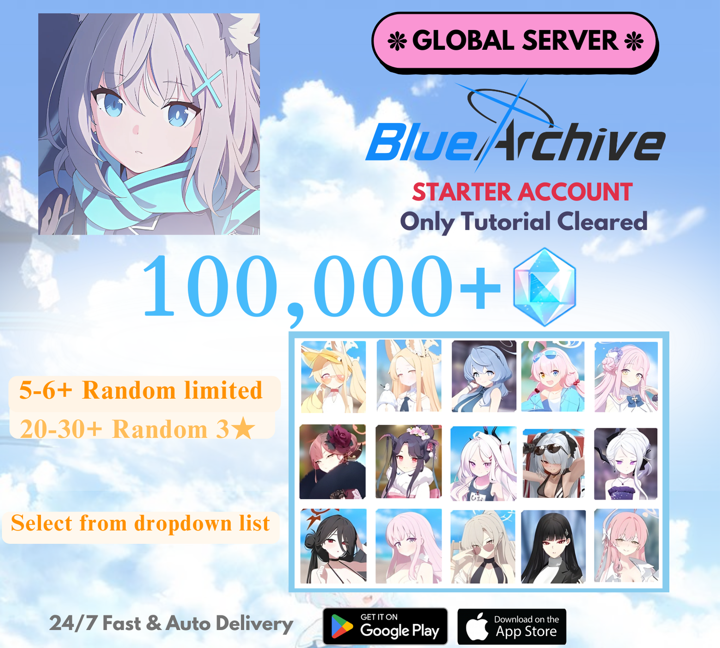 [GLOBAL] 100,000+ Pyroxene Blue Archive Multi combination Starter Reroll Account