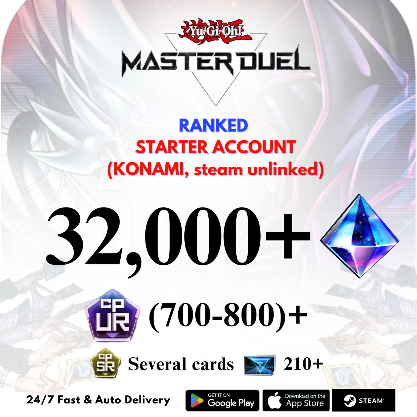[GLOBAL] 32,000+Gems 700+UR CP Yu-Gi-Oh! Master Duel Starter Reroll Account