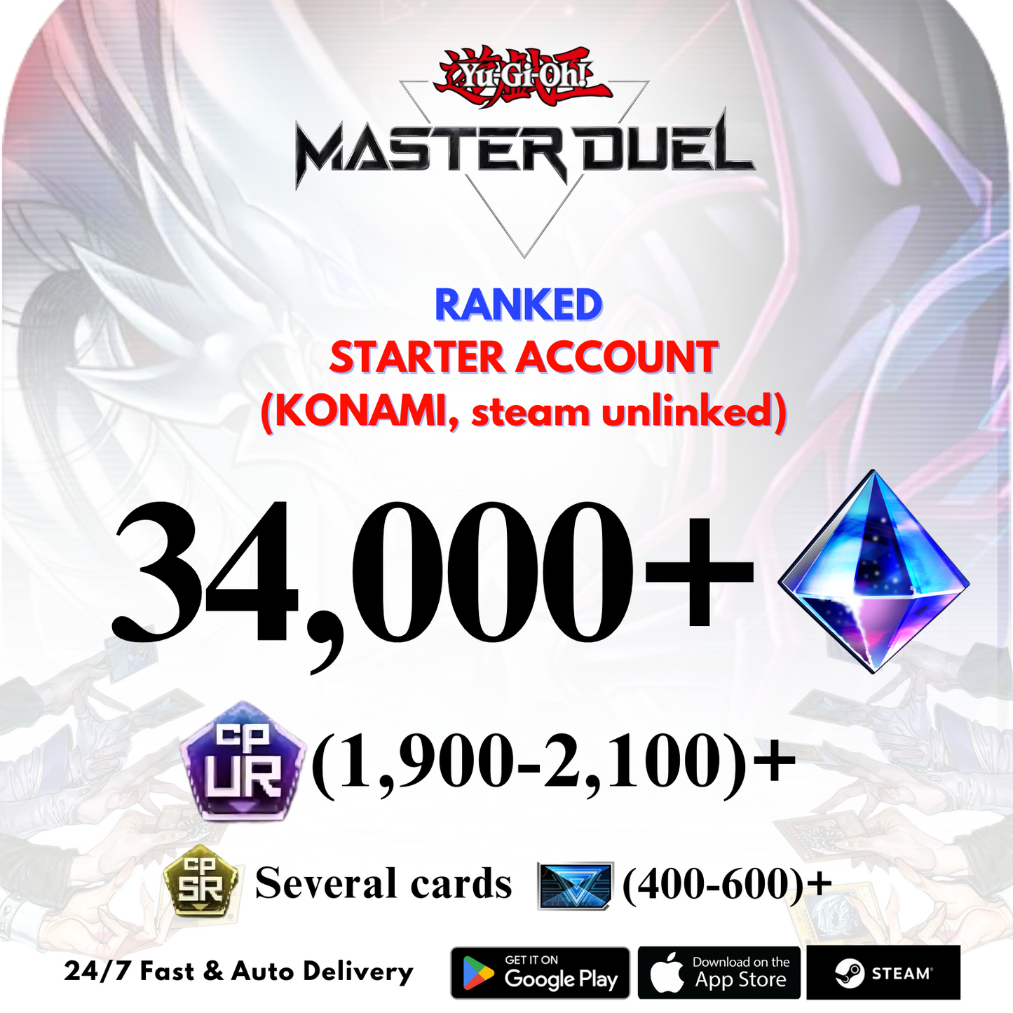 [GLOBAL] 34,000+Gems 1,900+UR CP Yu-Gi-Oh! Master Duel Starter Reroll Account