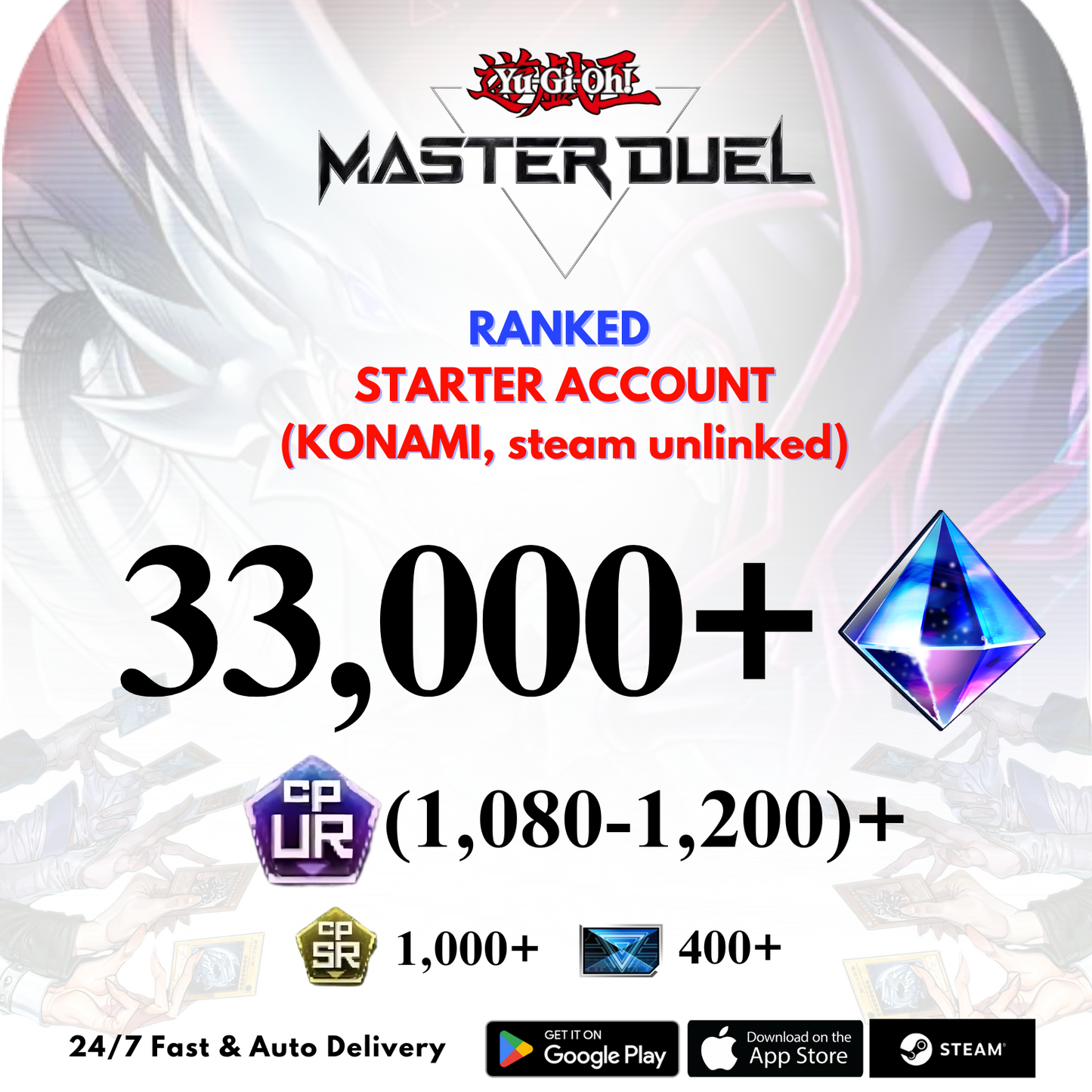 [GLOBAL] 33,000+Gems 1,080+UR CP Yu-Gi-Oh! Master Duel Starter Reroll Account