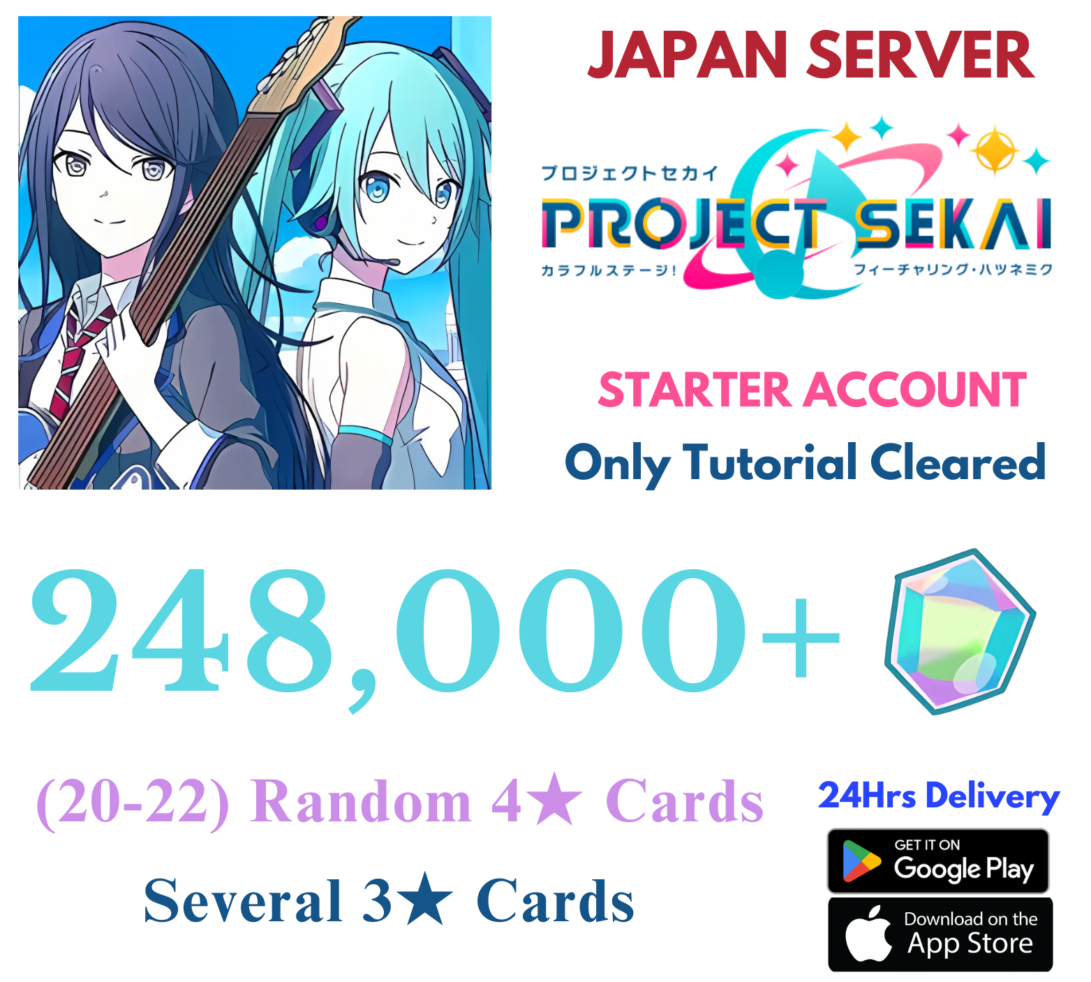 [JP] 248,000+Gems+Random 4★ Project Sekai Colorful Stage ft Hatsune Miku PJSK Starter Reroll Account