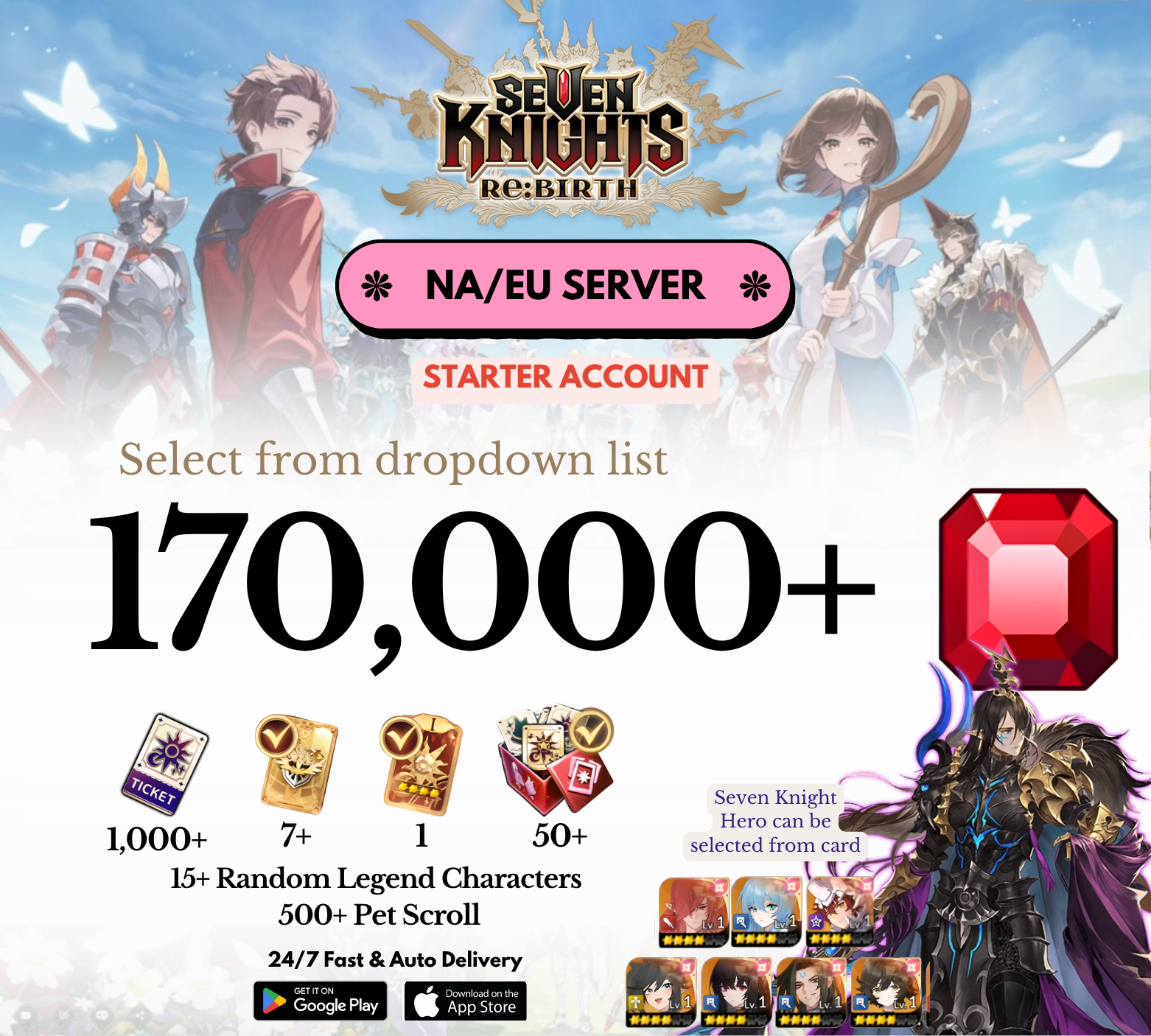 [NA/EU] 40,000-170,000+ Gems + Legend hero Seven Knights Re:BIRTH Starter Reroll Account