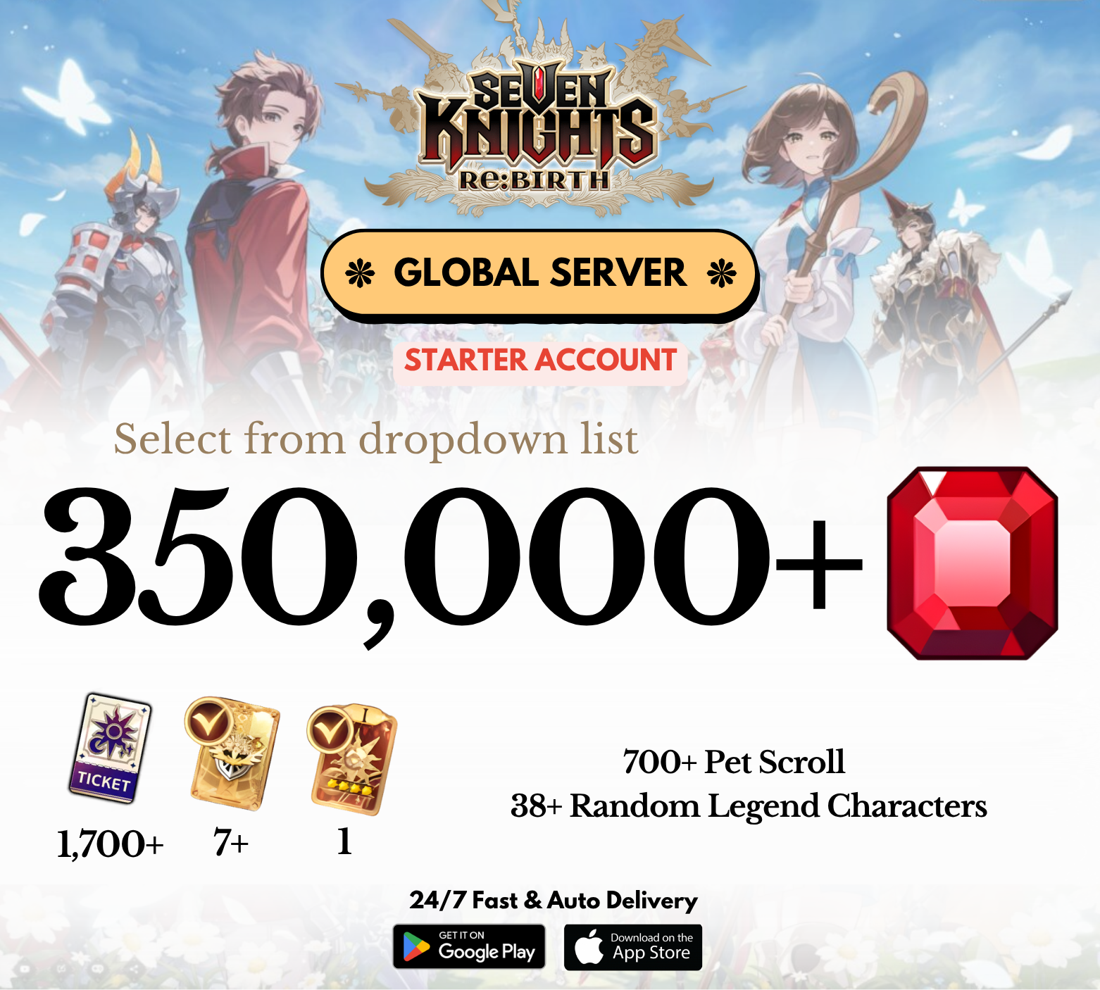 [GLOBAL] 230,000-350,000+ Gems Seven Knights Re:BIRTH Starter Reroll Account