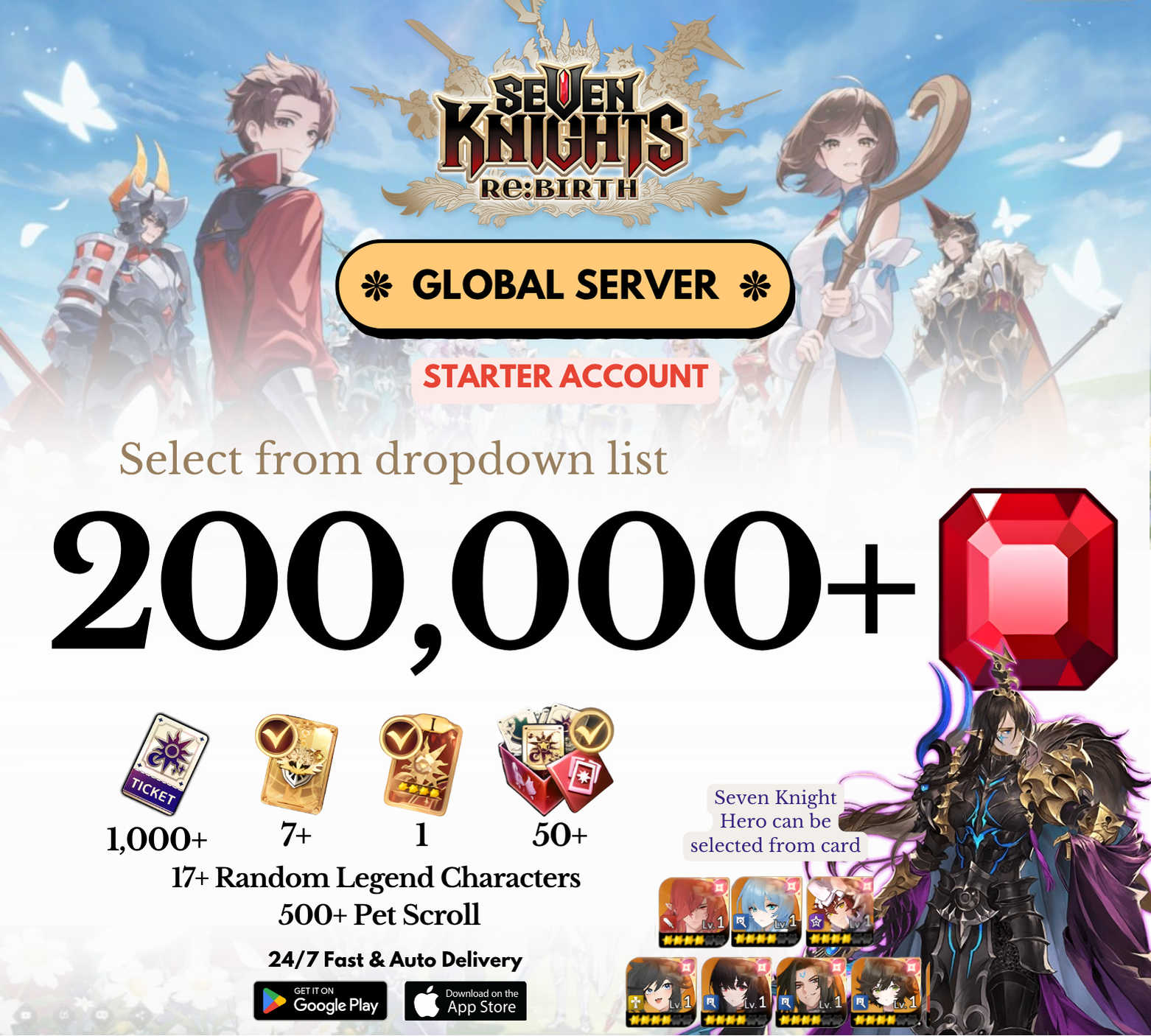 [GLOBAL] 50,000-200,000+ Gems + Legend hero Seven Knights Re:BIRTH Starter Reroll Account