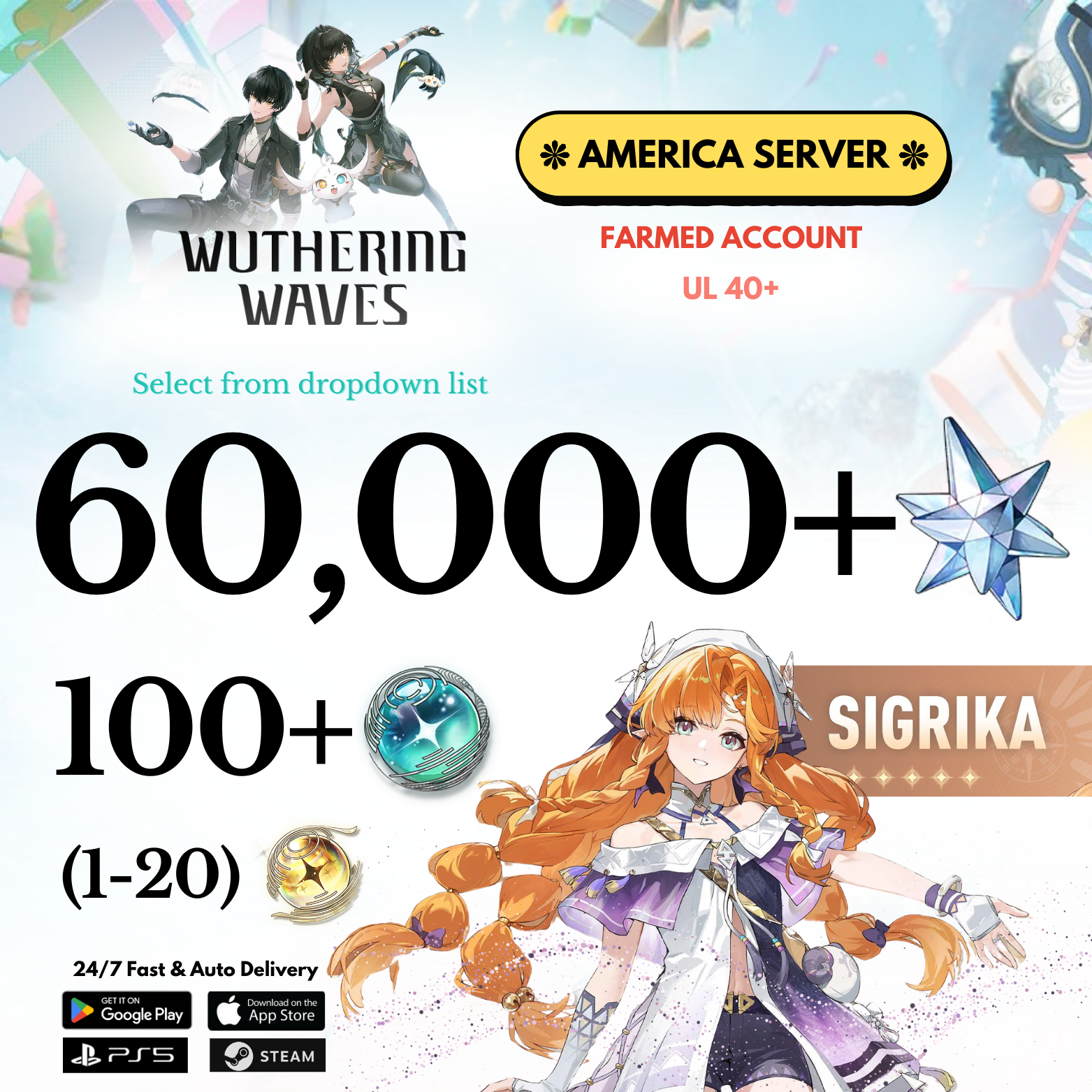 [AMERICA/NA] 50,000-60,000+ Astrite +Sigrika Wuthering Waves Farmed Reroll Account