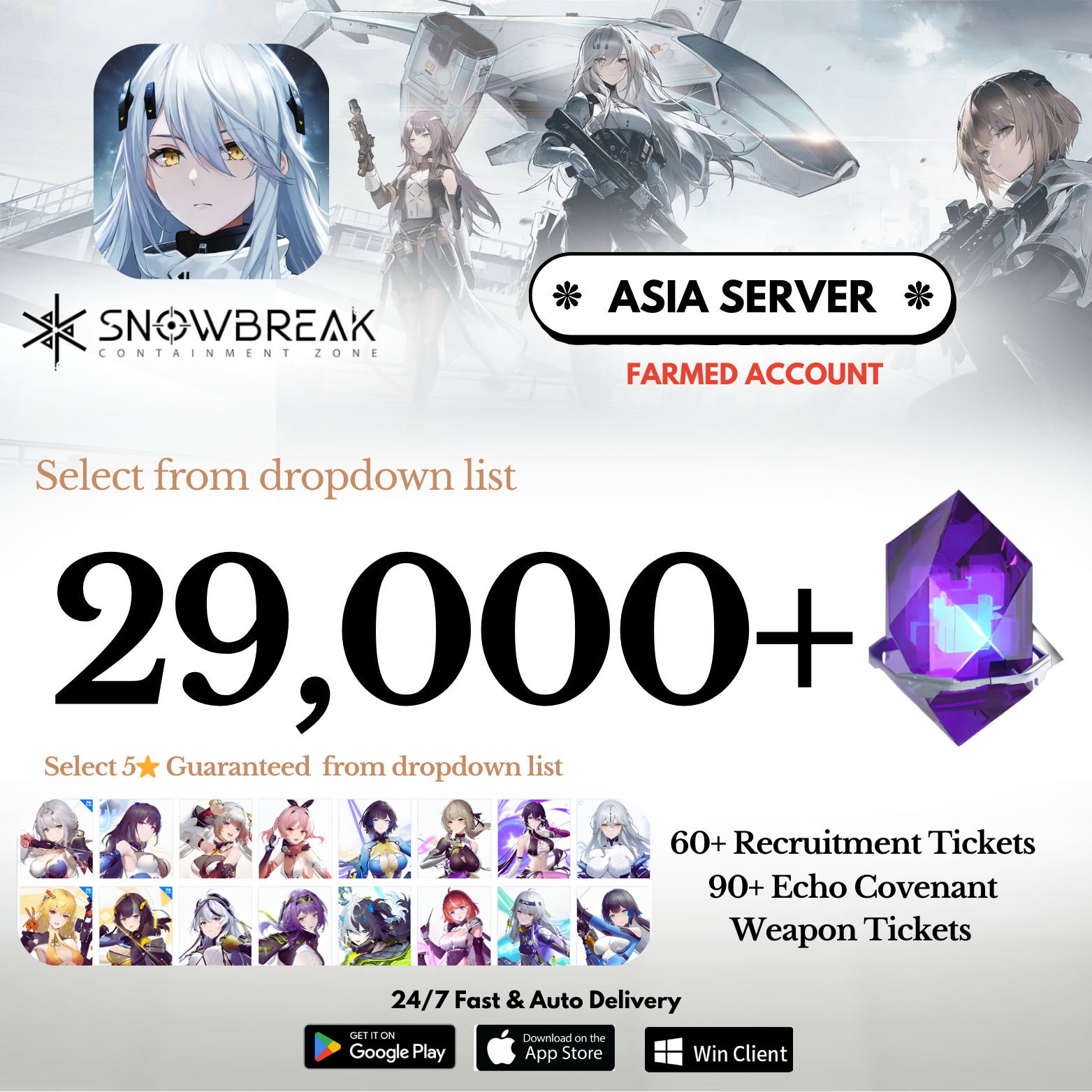 [ASIA] 17,000-29,000+ Gems+5⭐ Characters Snowbreak: Containment Zone Farmed Reroll Account