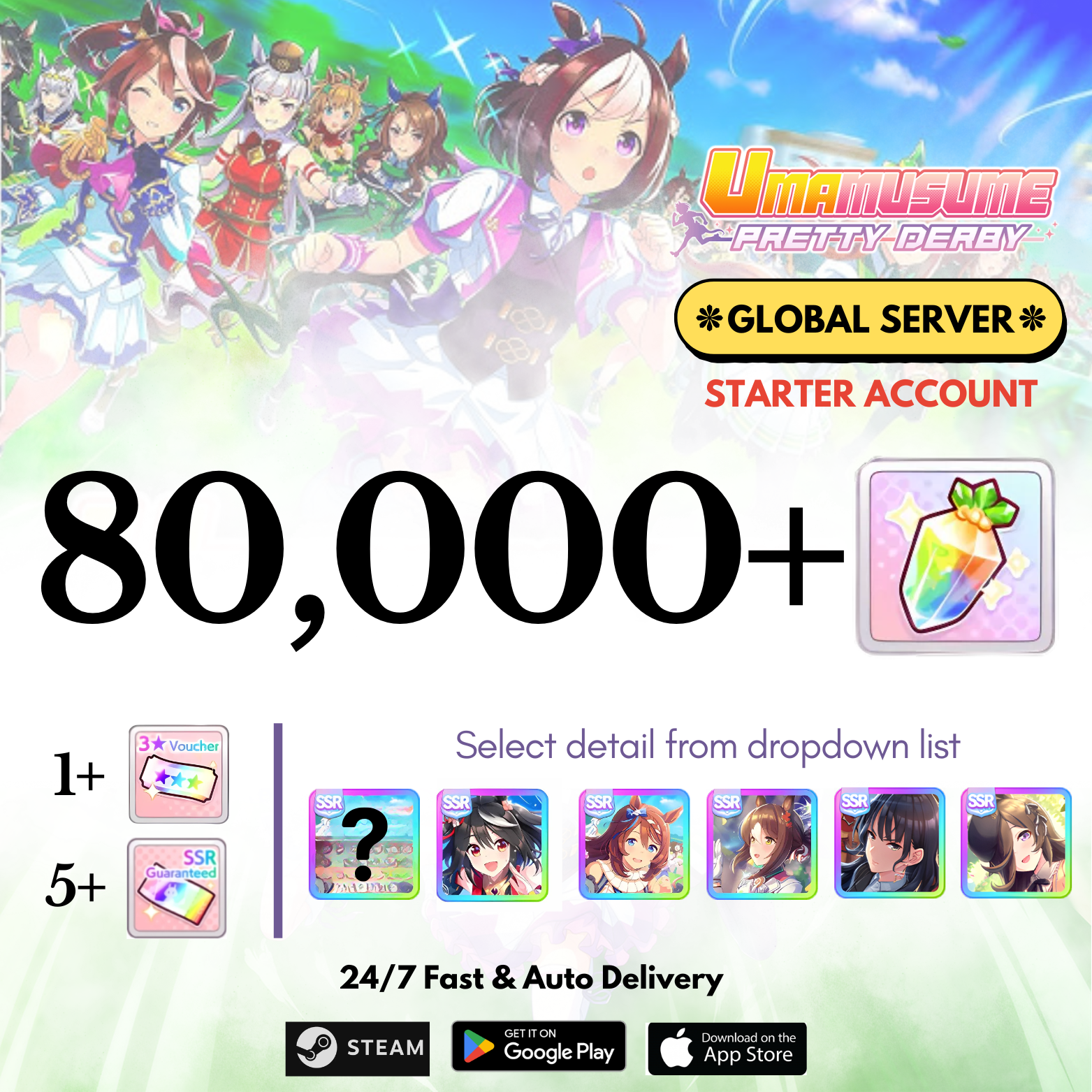 [GLOBAL] 47,000-80,000+Carats+Selected character Uma Musume Pretty Derby Starter Reroll Account