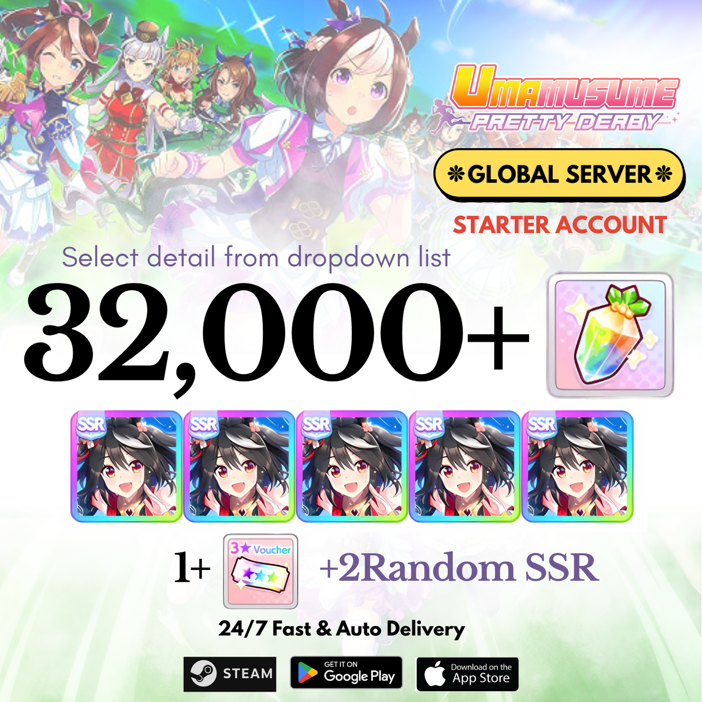 [GLOBAL] 32,000+Carats+Kitasan black x5 Uma Musume Pretty Derby Starter Reroll Account