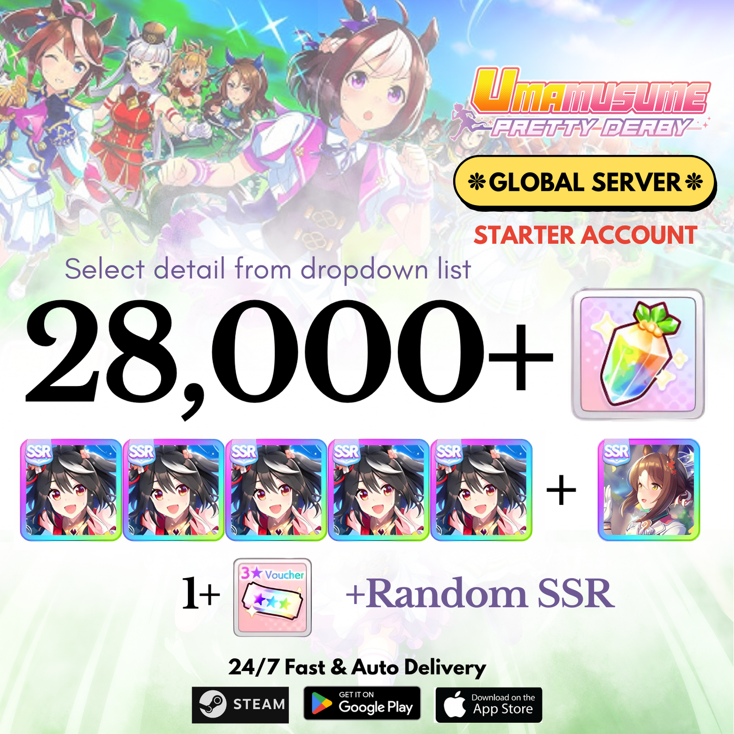 [GLOBAL] 28,000+Carats+Kitasan black x5+Fine motion Uma Musume Pretty Derby Starter Reroll Account
