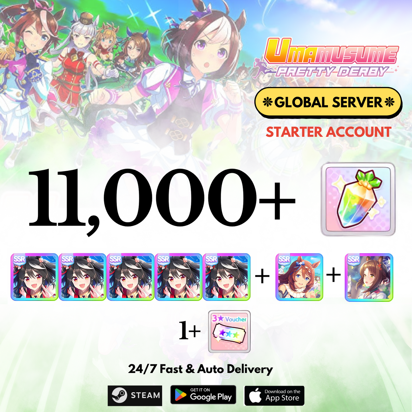 [GLOBAL] 11,000+Carats+Kitasan black x5+Super creek+Fine motion Uma Musume Pretty Derby Starter Account