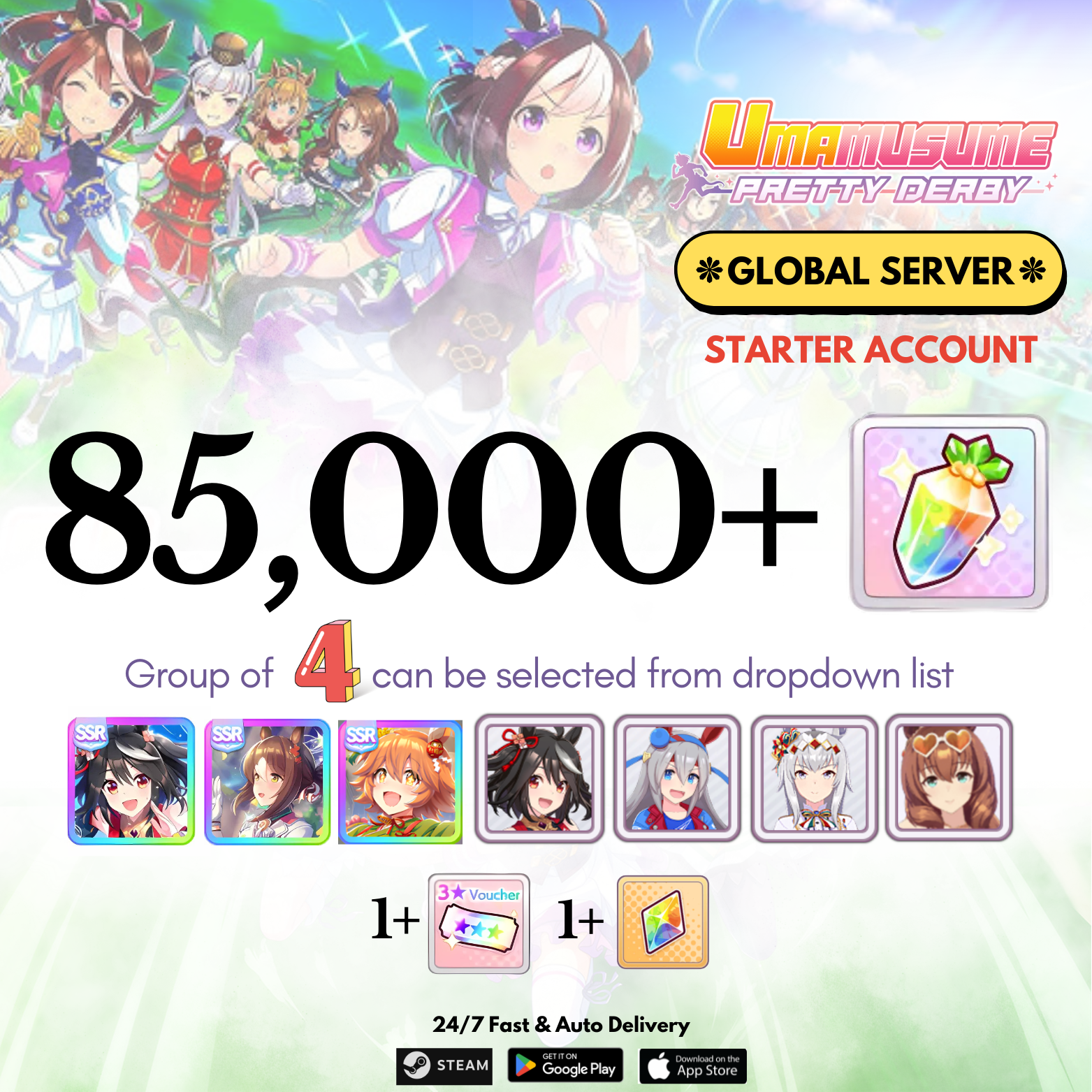 [GLOBAL] 80,000-85,000+Carats+Selected 4 characters Uma Musume Pretty Derby Starter Reroll Account