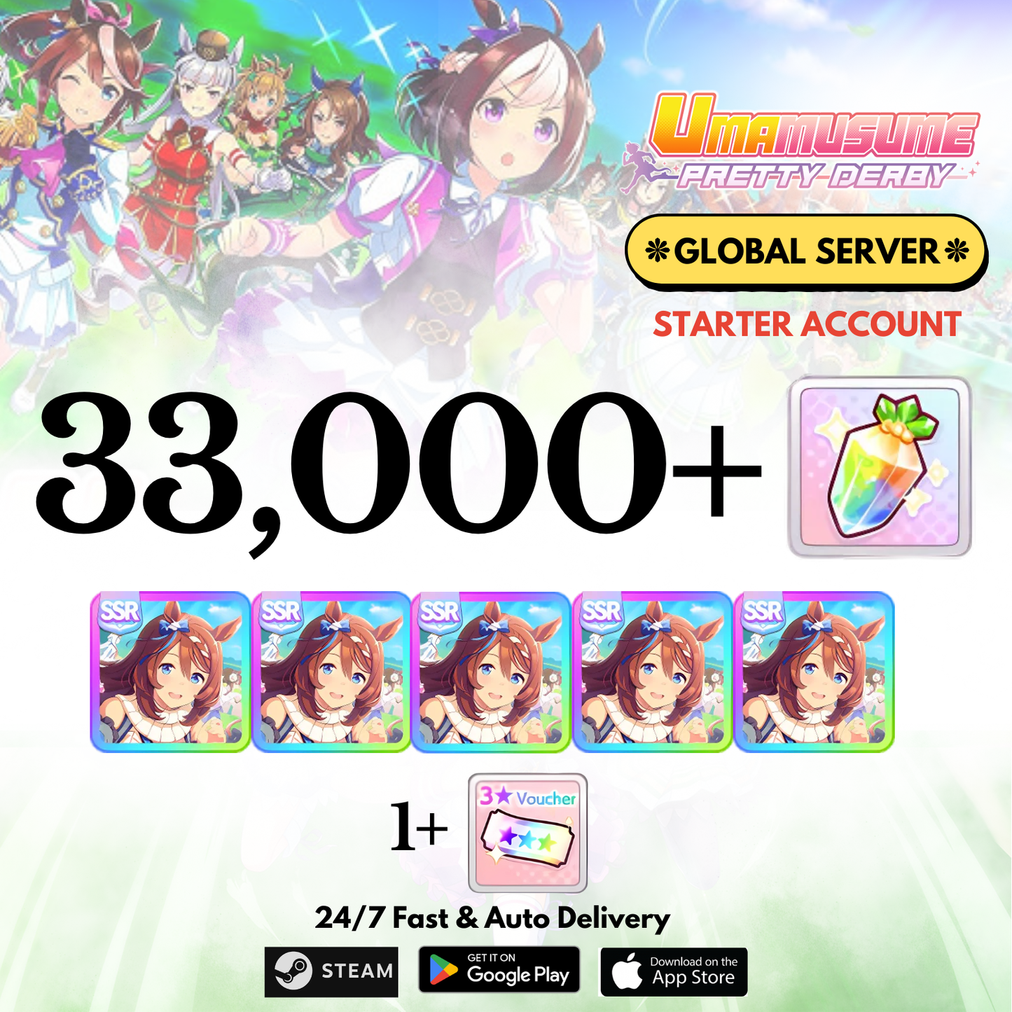 [GLOBAL] 33,000+Carats+Super creek x5 Uma Musume Pretty Derby Starter Reroll Account