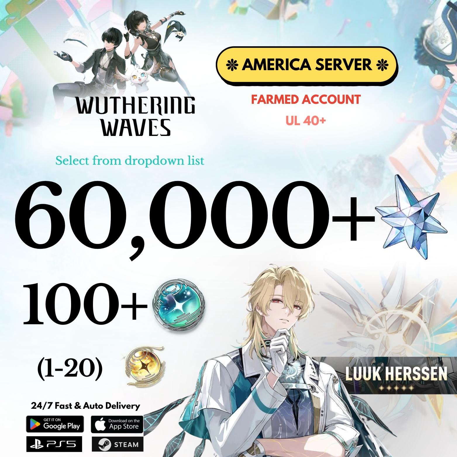 [AMERICA/NA] 35,000-60,000+ Astrites Luuk Herssen Wuthering Waves Farmed Reroll Account