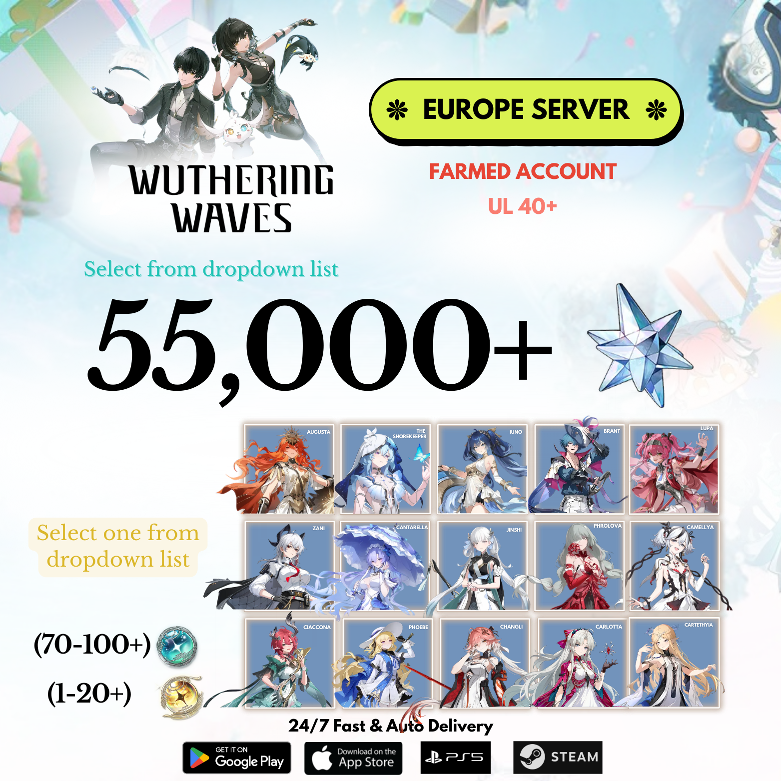 [EUROPE/EU] 40,000-55,000+ Astrite +1 Character Wuthering Waves Farmed Reroll Account
