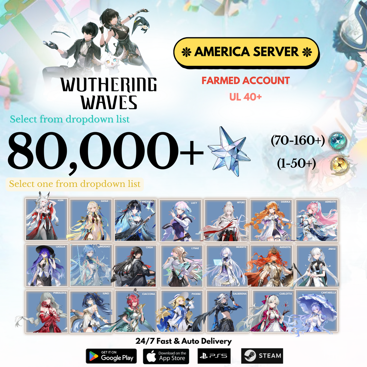[AMERICA/NA] 50,000-80,000+ Astrite +(1) Character Wuthering Waves Farmed Reroll Account