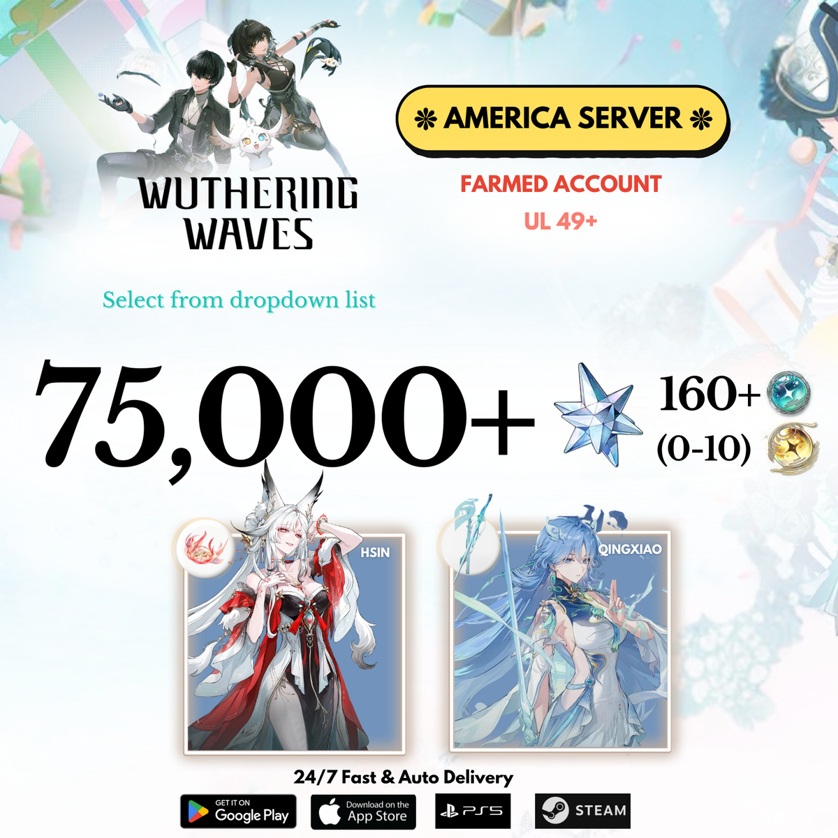 [AMERICA/NA]  55,000-75,000+ Astrite Hsin/Qingxiao Wuthering Waves Farmed Reroll Account