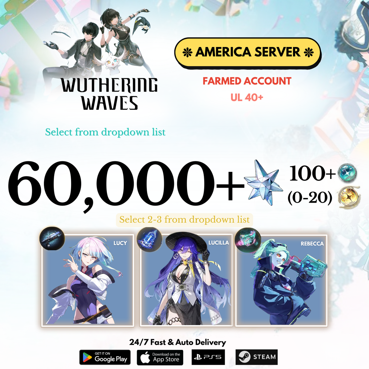 [AMERICA/NA] 0-60,000+ Astrites +(2-3) Characters Wuthering Waves Farmed Reroll Account