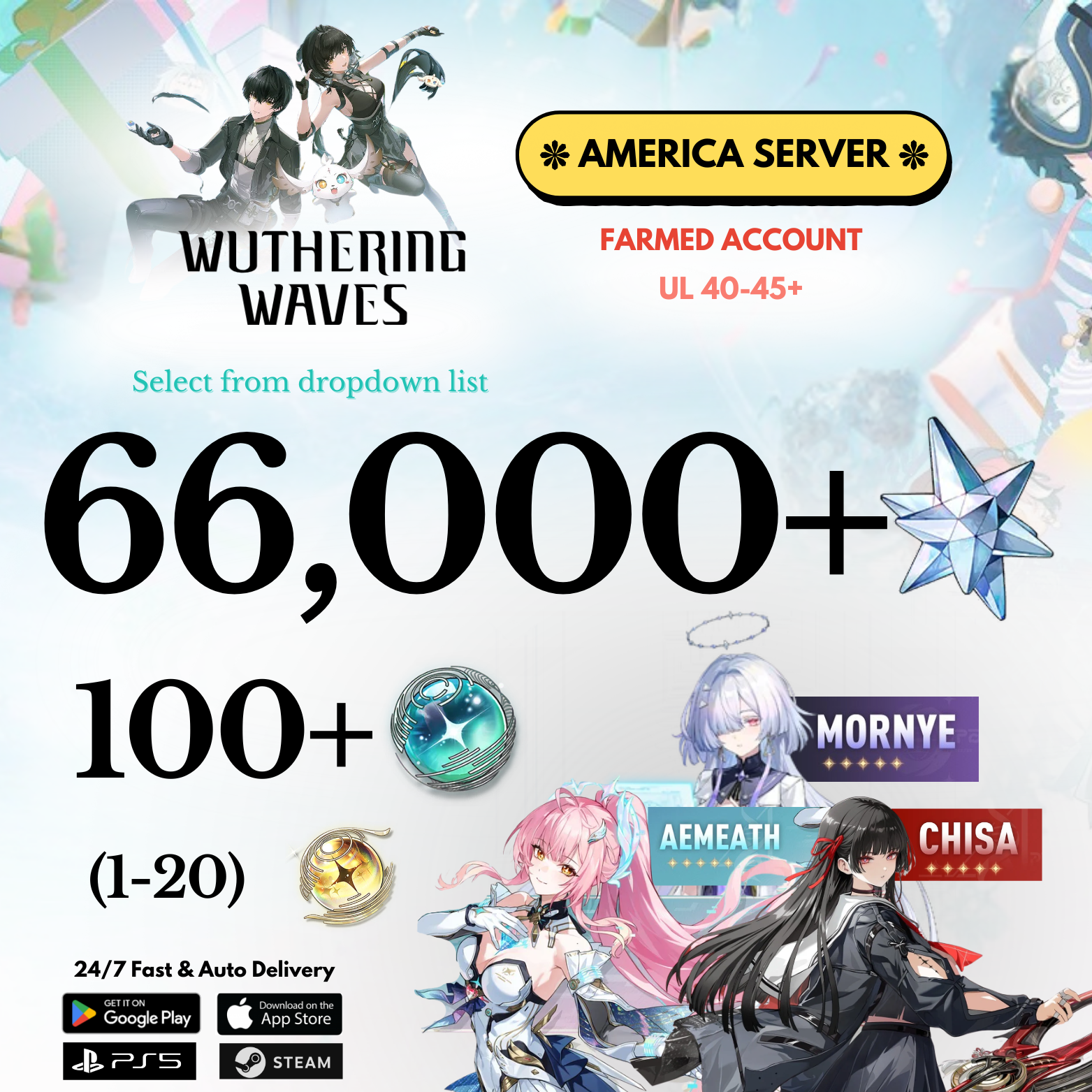 [AMERICA/NA]  14,000-66,000+ Astrite +Chisa+Aemeath Wuthering Waves Farmed Reroll Account