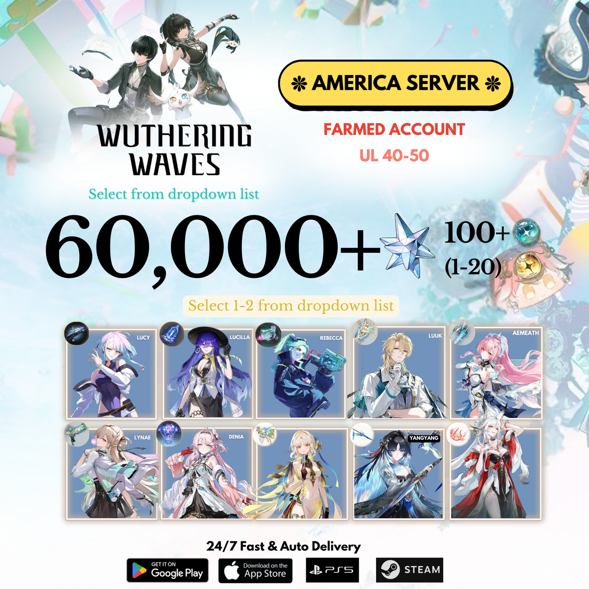 [AMERICA/NA]  5,000-60,000+ Astrite +(1-2) Characters Wuthering Waves Farmed Reroll Account