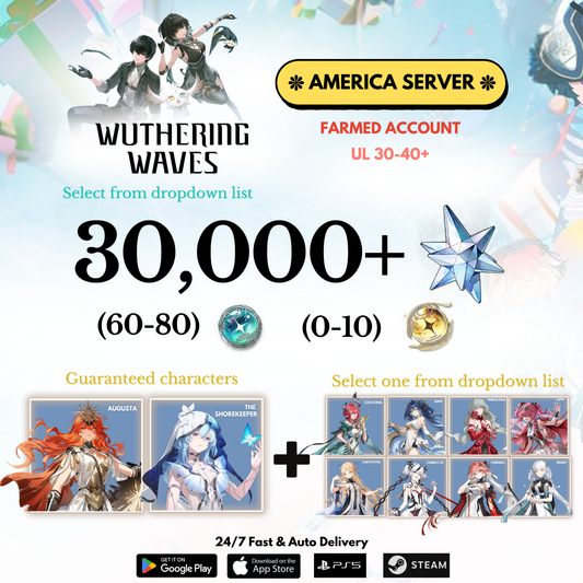 [AMERICA/NA] 10,000-30,000+ Astrite +Augusta+Shorekeeper+Selected character Wuthering Waves Farmed Reroll Account