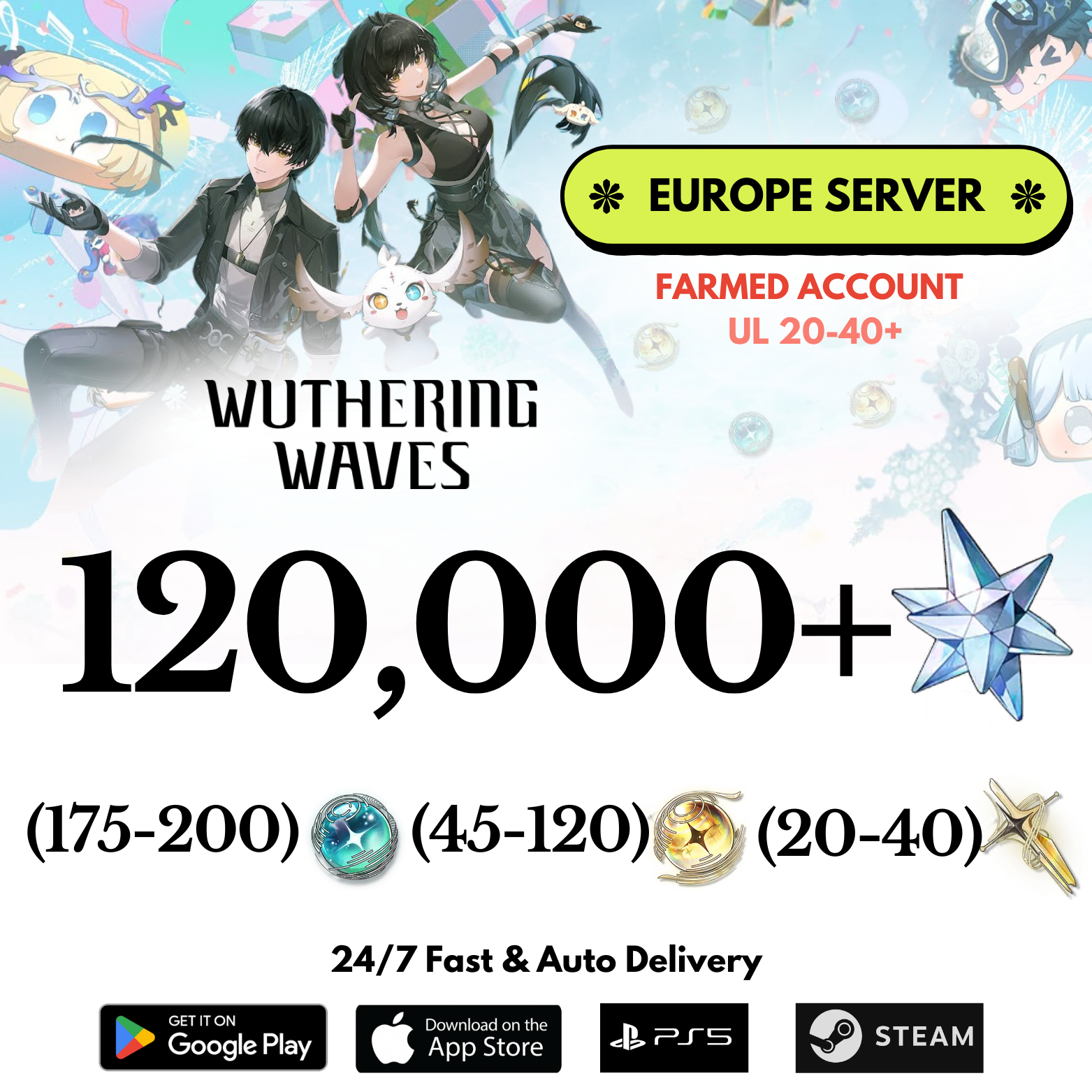 [EUROPE/EU] 65,000-120,000+ Astrite Wuthering Waves Farmed Reroll Account