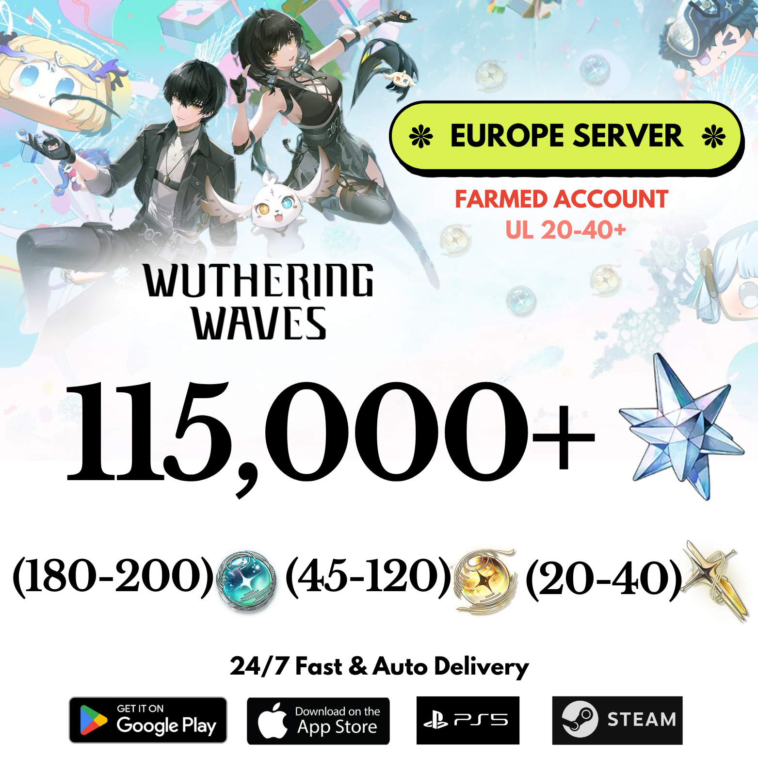 [EUROPE/EU] 65,000-115,000+ Astrite Wuthering Waves Farmed Reroll Account