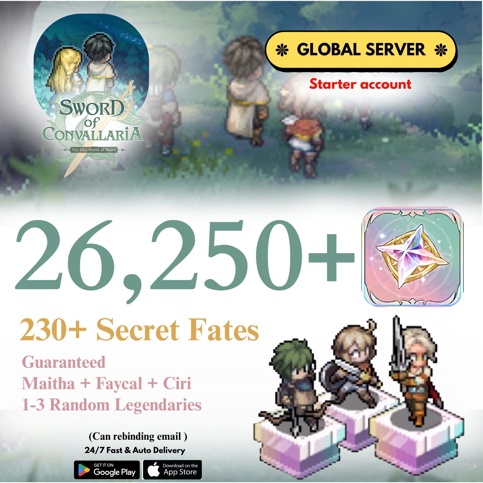 [GLOBAL] 26,250 Hope luxites (0-3) Random legend Sword of Convallaria Starter Reroll Account